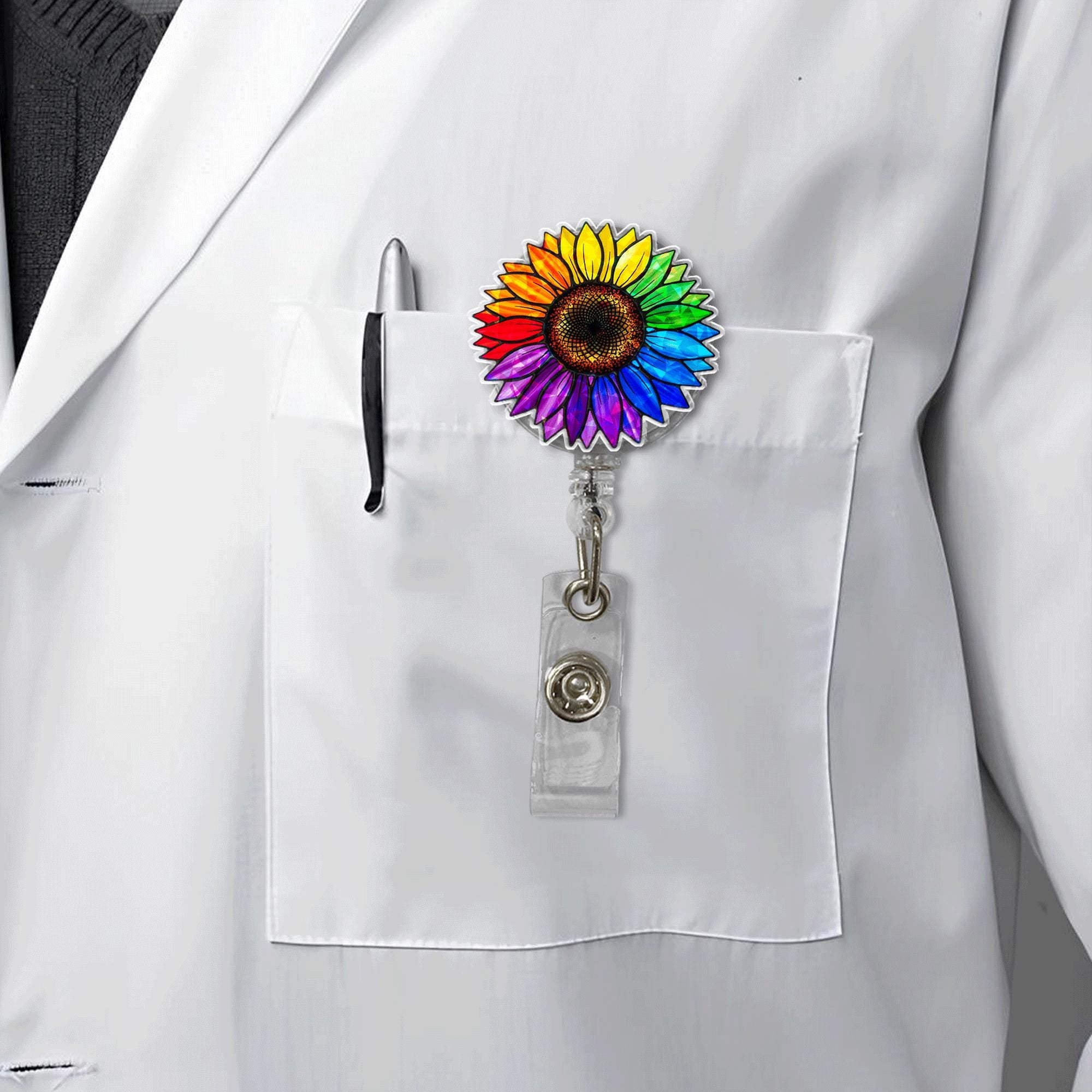 Rainbow Sunflower Badge Reel | LGBTQ+ Pride ID Holder | Colorful Retractable Clip | Nurse Badge for Pride Month | Floral Pride Gift