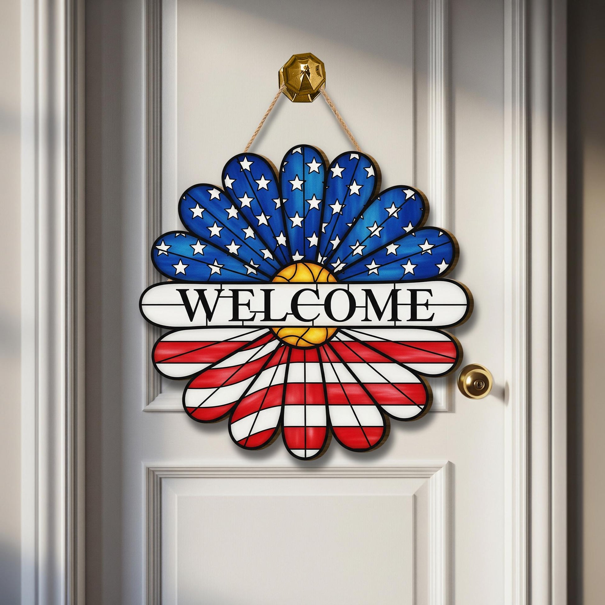 Patriotic Daisy Door Sign, 4th of July Welcome Sign, USA Flower Hanger, Red White Blue Decor, Wooden Summer Door Hanging