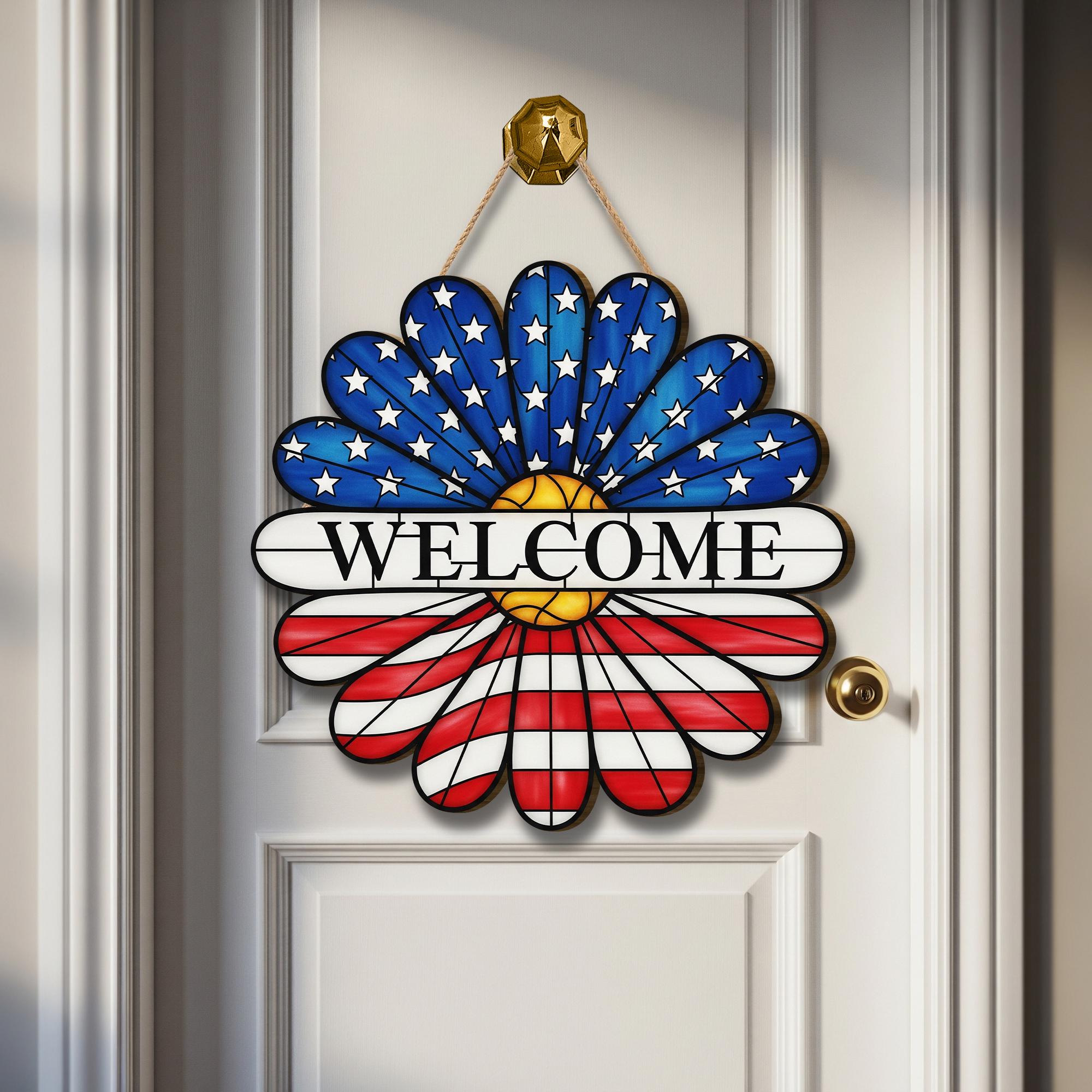 Patriotic Daisy Door Sign, 4th of July Welcome Sign, USA Flower Hanger, Red White Blue Decor, Wooden Summer Door Hanging