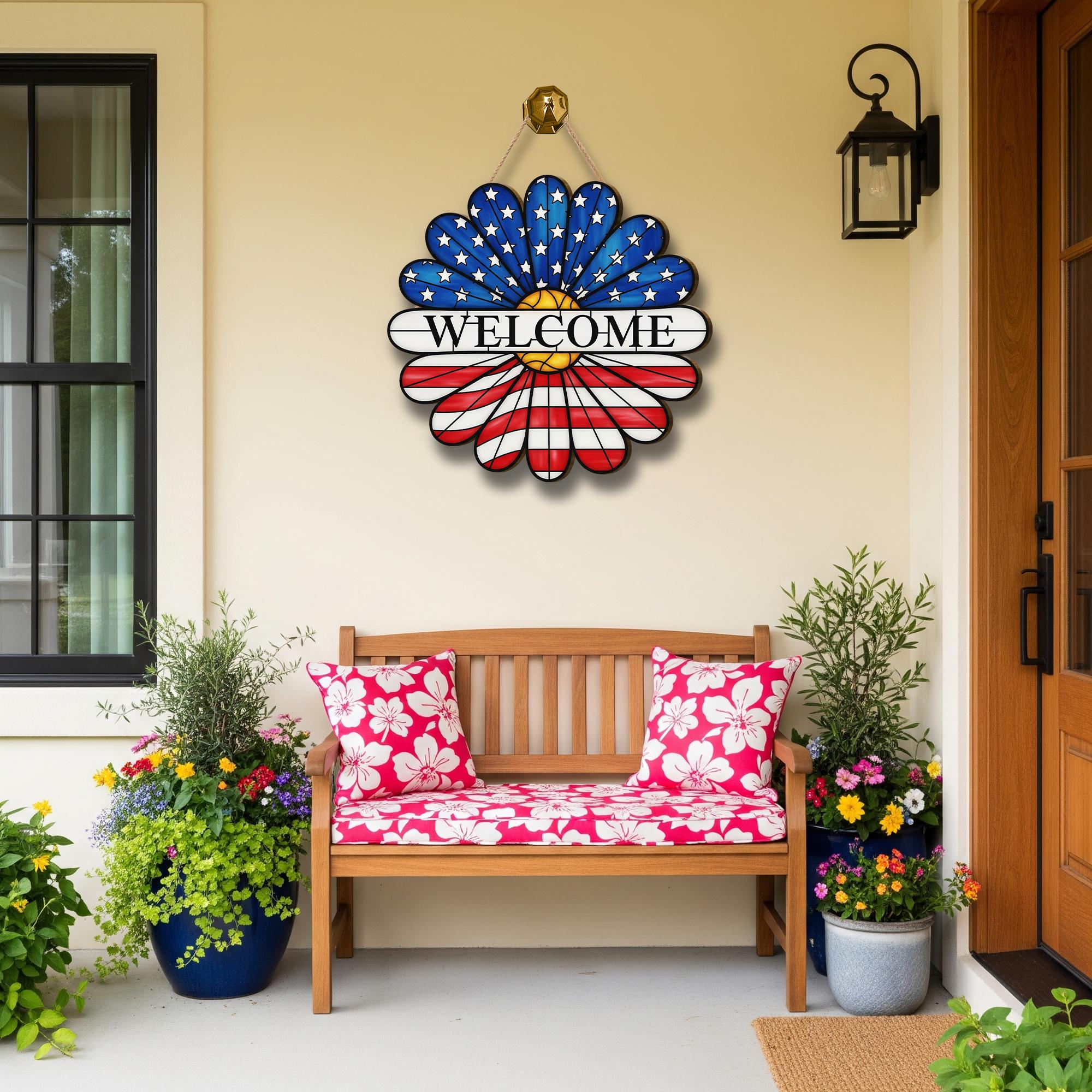 Patriotic Daisy Door Sign, 4th of July Welcome Sign, USA Flower Hanger, Red White Blue Decor, Wooden Summer Door Hanging
