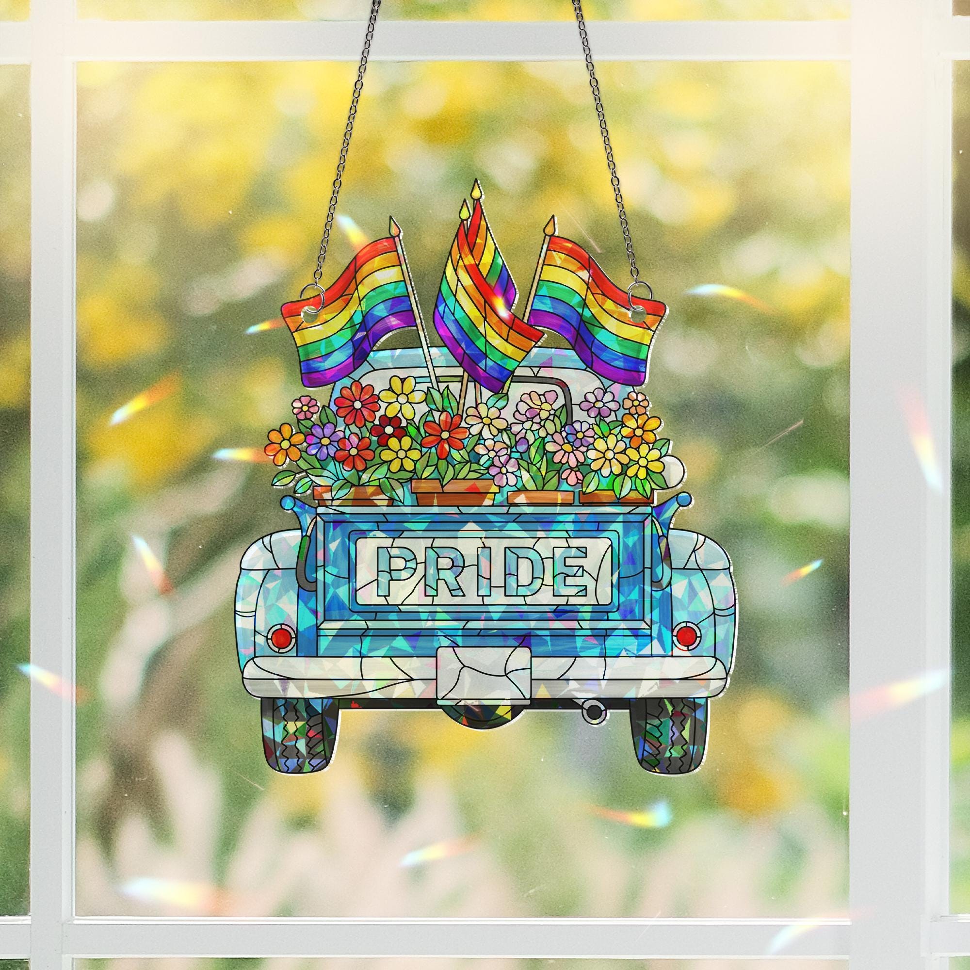 Pride Truck Acrylic Window Hanging | Rainbow Flower LGBTQ+ Suncatcher | Colorful Pride Decor | Gay Parade Window Ornament