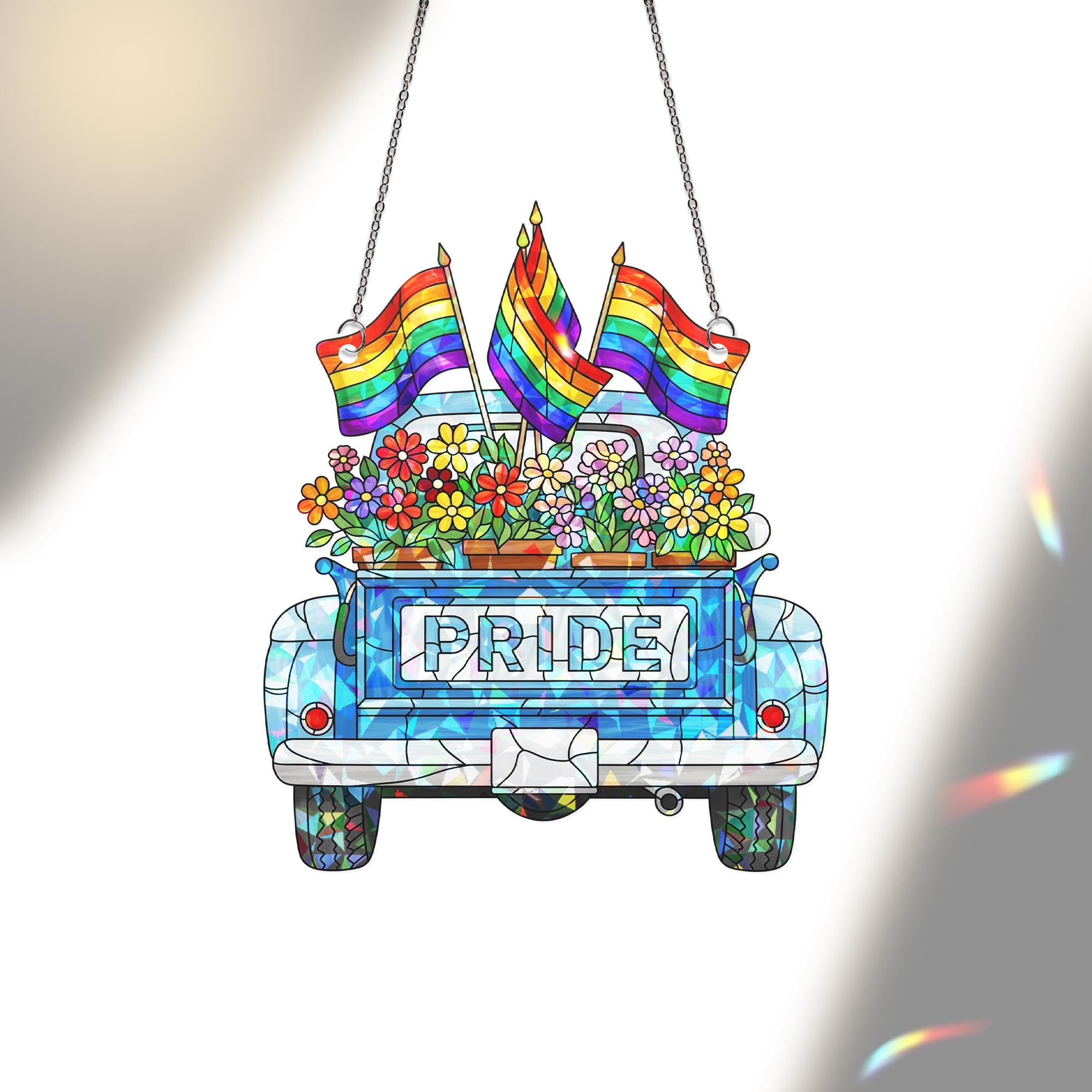 Pride Truck Acrylic Window Hanging | Rainbow Flower LGBTQ+ Suncatcher | Colorful Pride Decor | Gay Parade Window Ornament