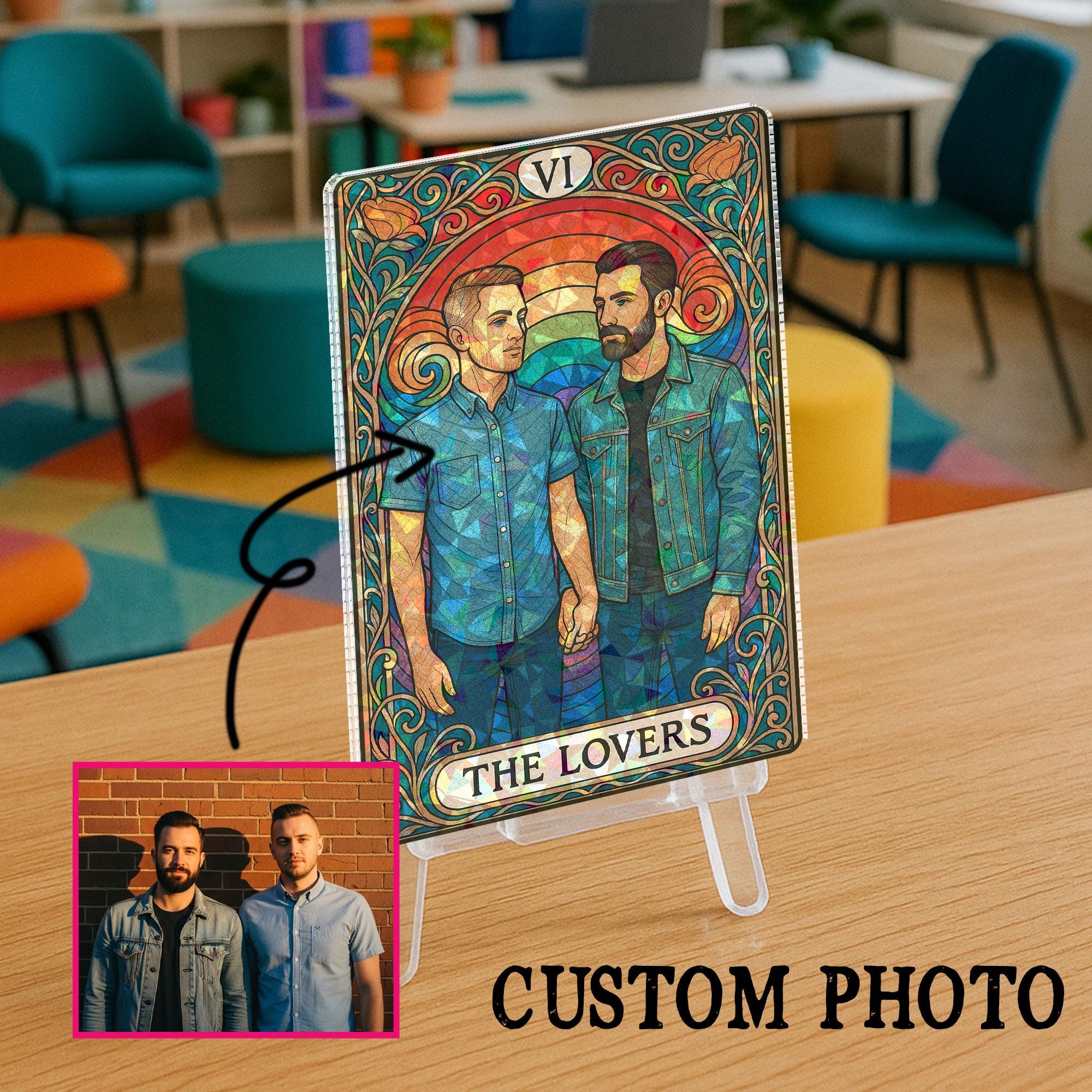 Custom LGBTQ Pride Couple Hologram Card – Personalized Lovers Tarot Desk Display – Rainbow Relationship Gift, Anniversary Wedding Keepsake