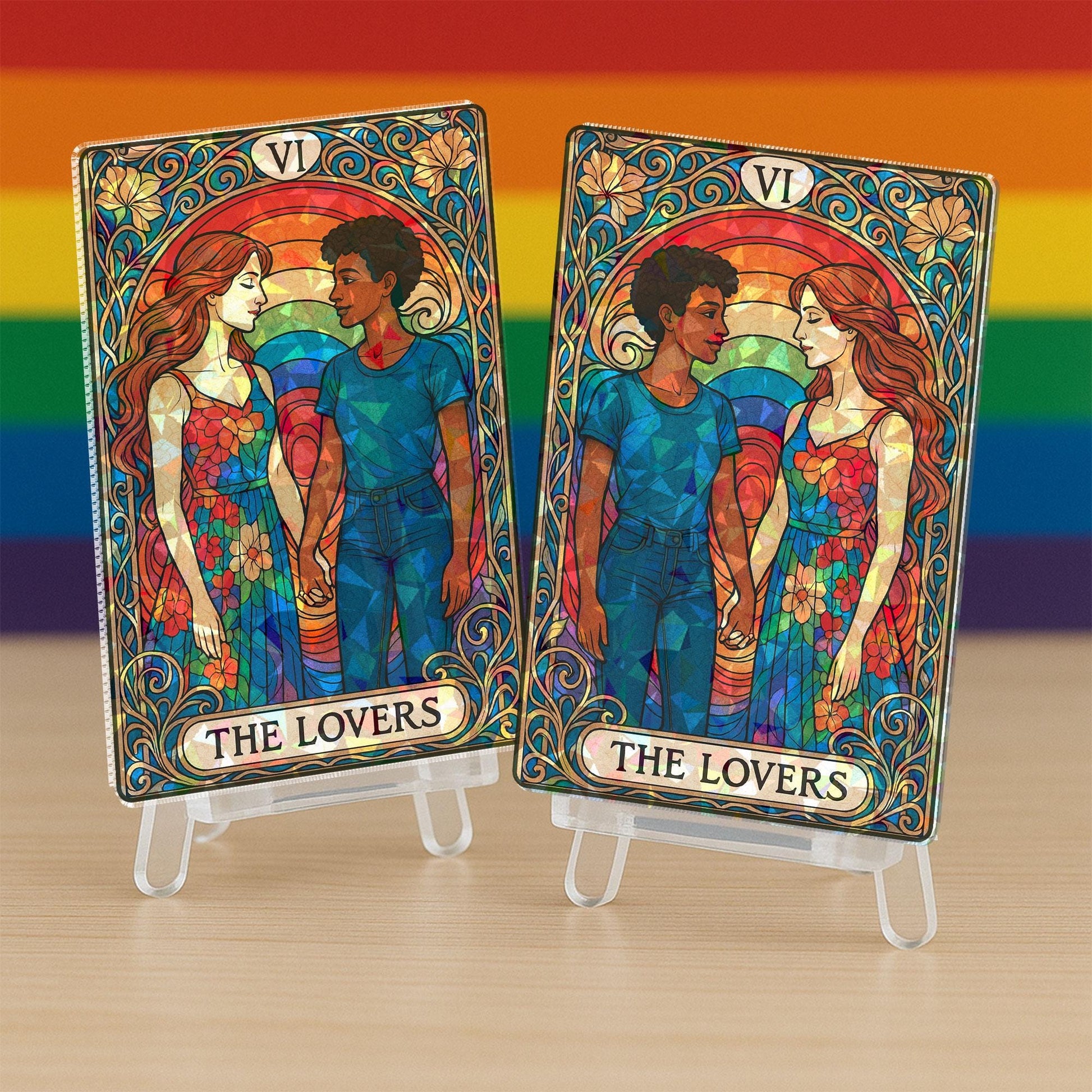 Custom LGBTQ Pride Couple Hologram Card – Personalized Lovers Tarot Desk Display – Rainbow Relationship Gift, Anniversary Wedding Keepsake