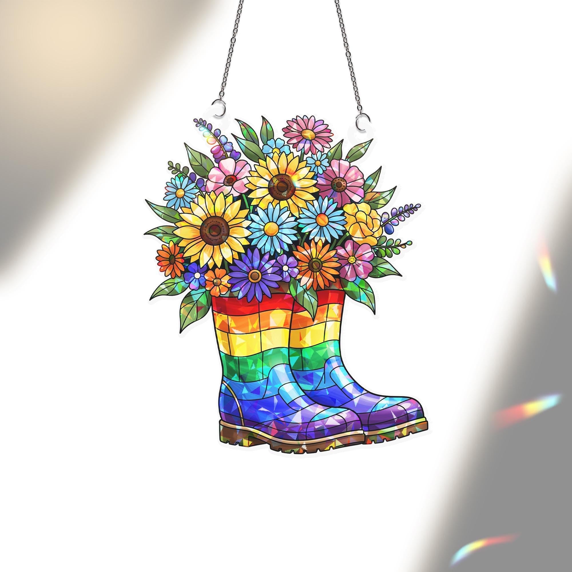 Rainbow Boots Flower Acrylic Window Hanging | LGBTQ+ Pride Suncatcher | Colorful Garden Decor | Queer Floral Pride Month Gift