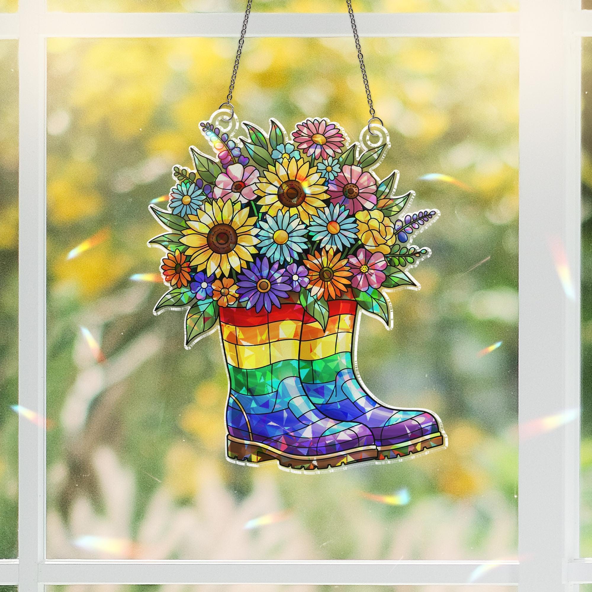 Rainbow Boots Flower Acrylic Window Hanging | LGBTQ+ Pride Suncatcher | Colorful Garden Decor | Queer Floral Pride Month Gift