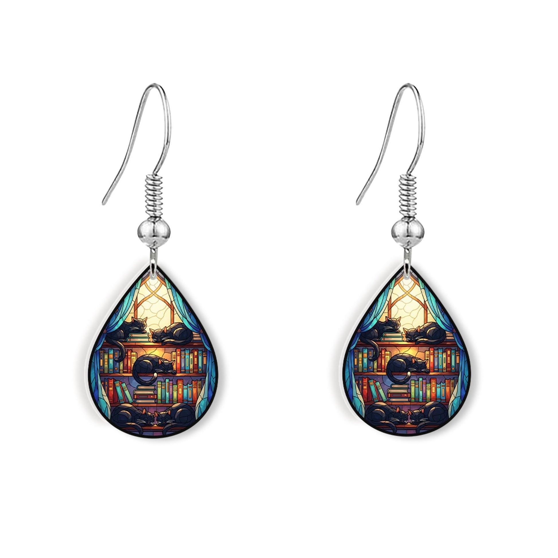 Cat Book Nook Earrings – Cute Cat Lover Gift – Bibliophile Jewelry – Reading Nook Accessories – Teardrop Dangle Earrings