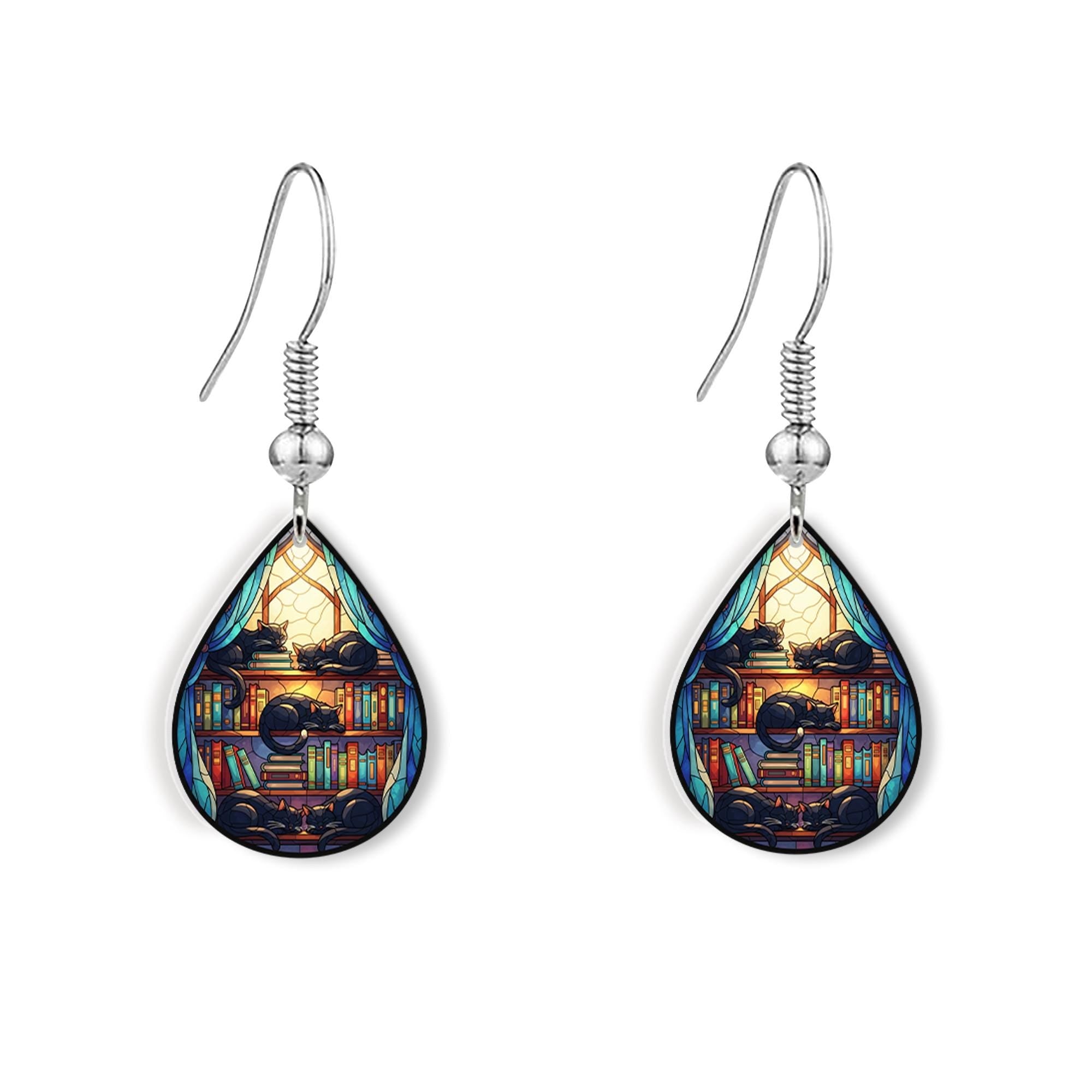 Cat Book Nook Earrings – Cute Cat Lover Gift – Bibliophile Jewelry – Reading Nook Accessories – Teardrop Dangle Earrings
