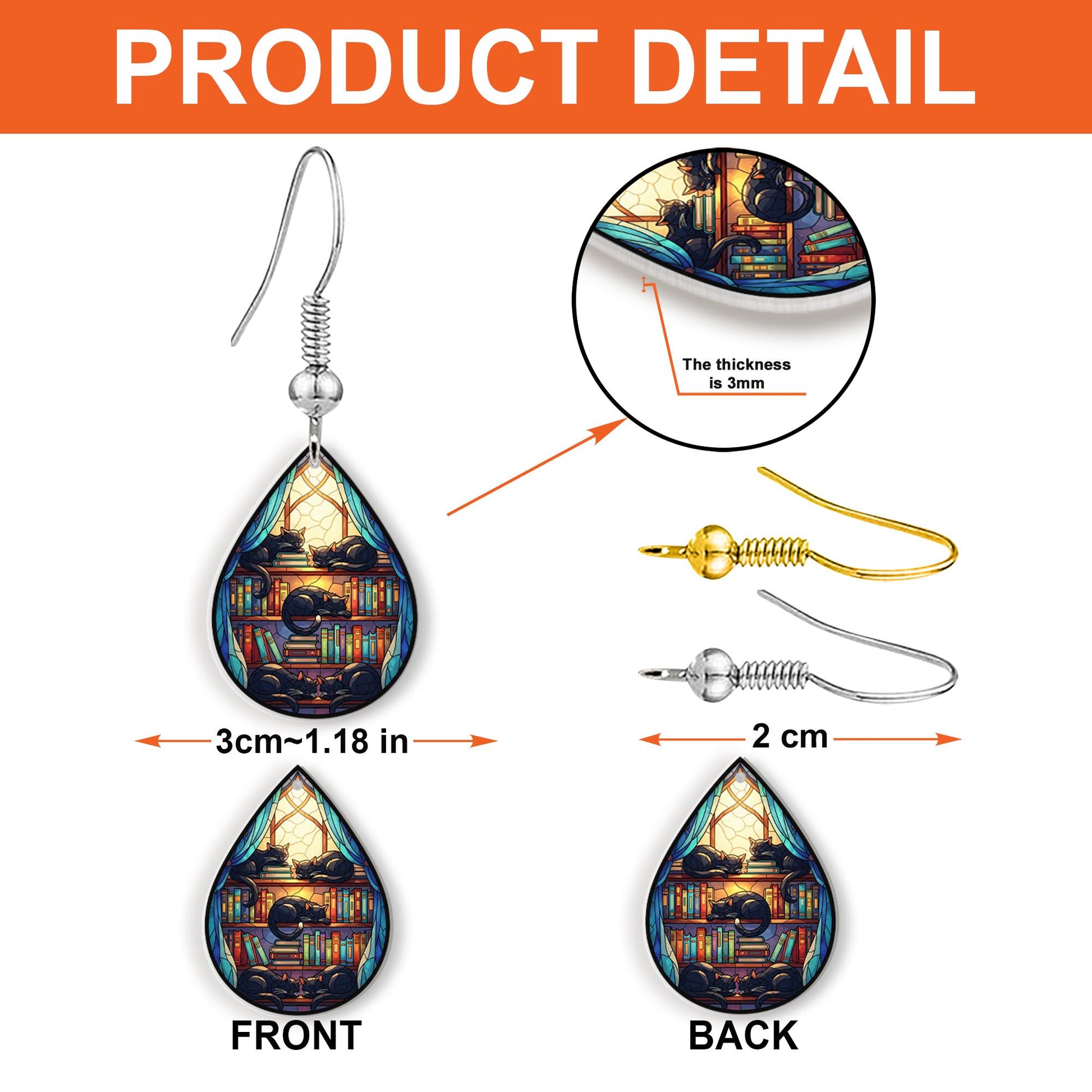 Cat Book Nook Earrings – Cute Cat Lover Gift – Bibliophile Jewelry – Reading Nook Accessories – Teardrop Dangle Earrings