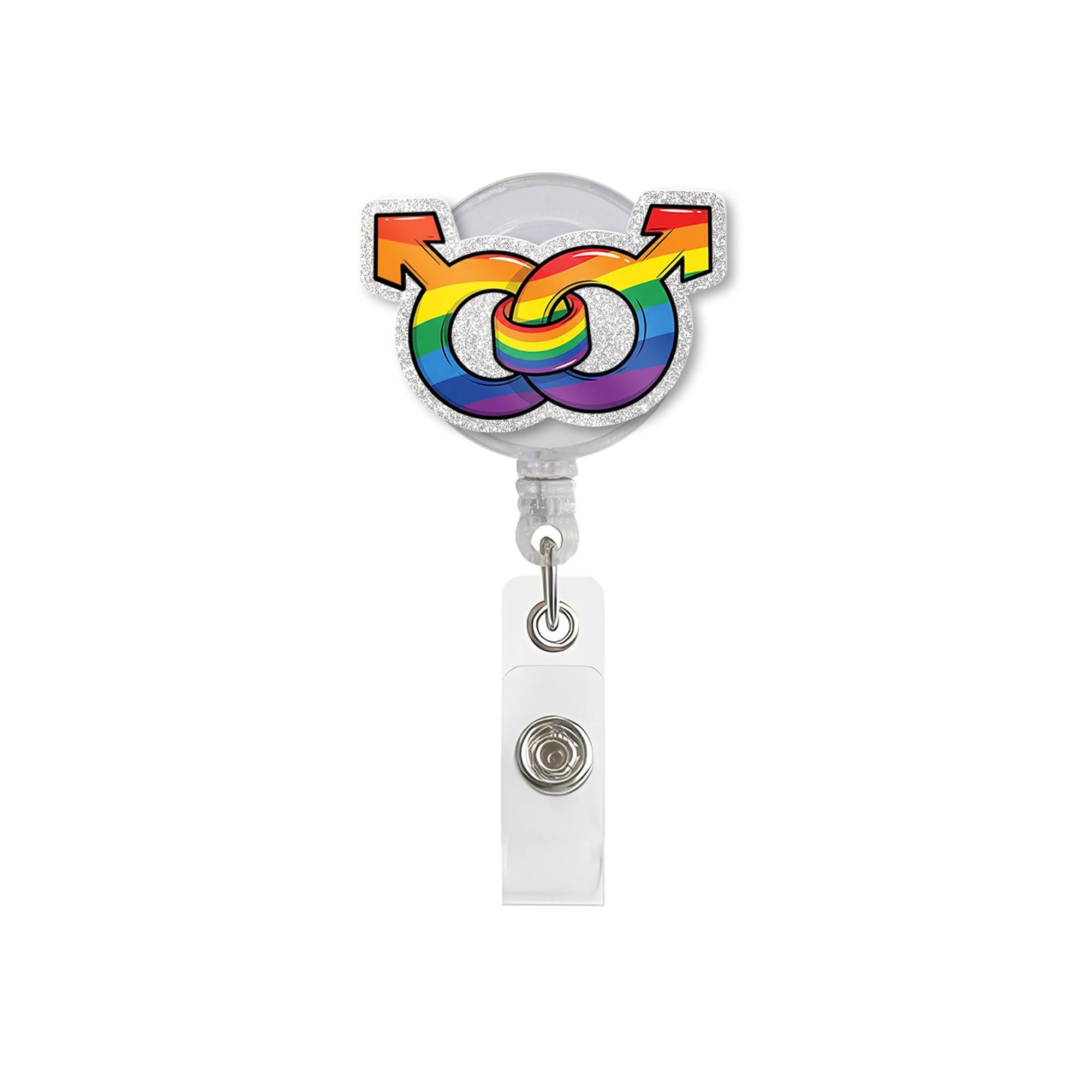 Gay Pride Male Symbol Badge Reel | Rainbow LGBTQ+ ID Holder | Retractable Clip for Pride Month | Cute Gay Nurse Gift | Glitter Reel