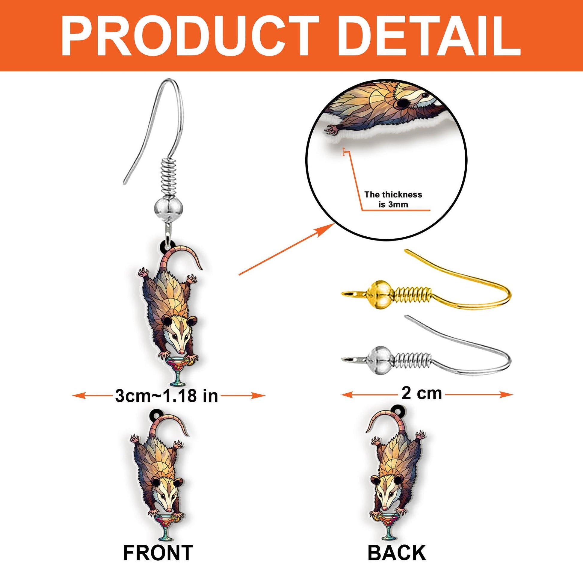 Funny Opossum Cocktail Earrings – Drunk Possum Jewelry – Weird Animal Dangle Earrings – Quirky Gift for Her – Bar Drink Earrings