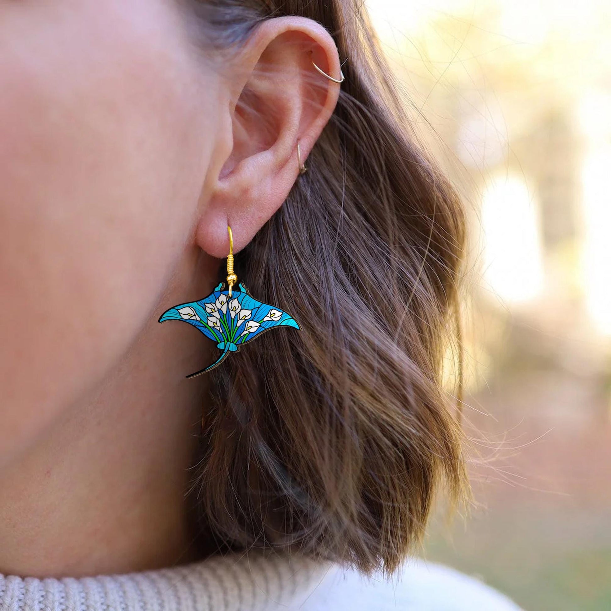Floral Shark & Manta Ray Earrings – Ocean Animal Jewelry – Beachy Marine Life Gift – Tropical Sea Creature Dangle Earrings