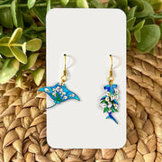 Floral Shark & Manta Ray Earrings – Ocean Animal Jewelry – Beachy Marine Life Gift – Tropical Sea Creature Dangle Earrings
