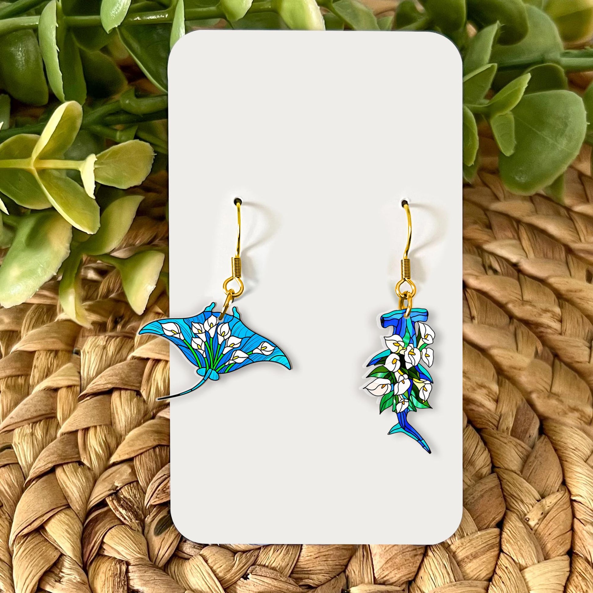 Floral Shark & Manta Ray Earrings – Ocean Animal Jewelry – Beachy Marine Life Gift – Tropical Sea Creature Dangle Earrings