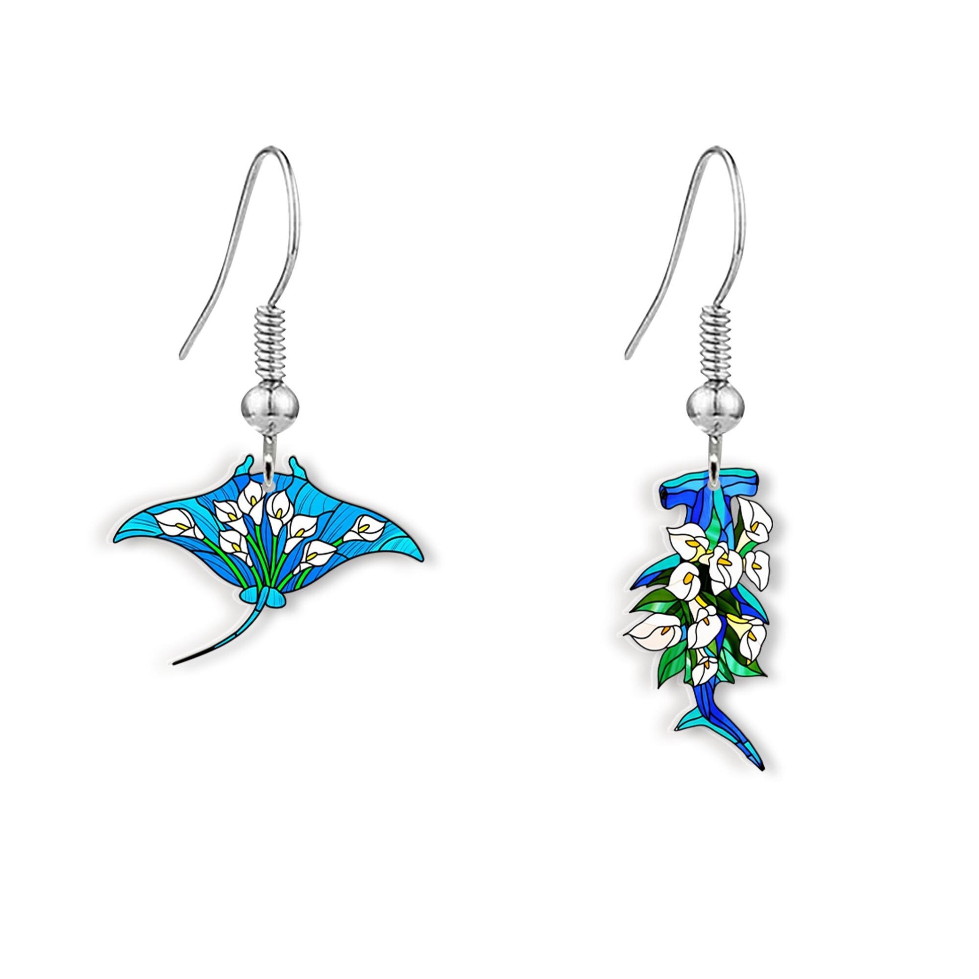 Floral Shark & Manta Ray Earrings – Ocean Animal Jewelry – Beachy Marine Life Gift – Tropical Sea Creature Dangle Earrings