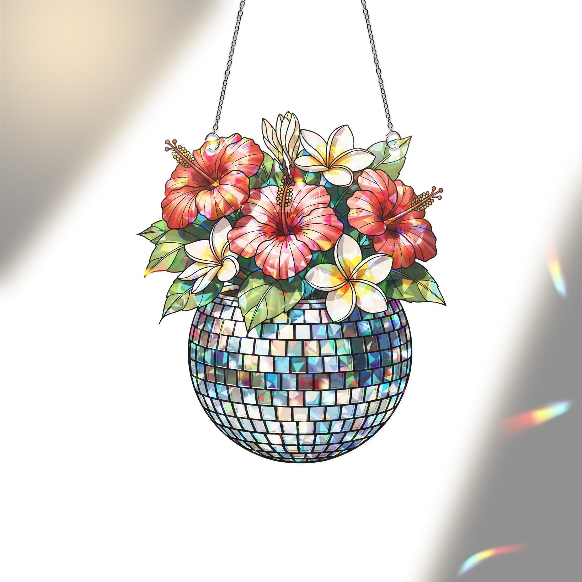 2D Holographic Disco Ball Plant Pot Sun Catcher – Retro Window Hanging with Tropical Flowers – Funky Boho Room Decor