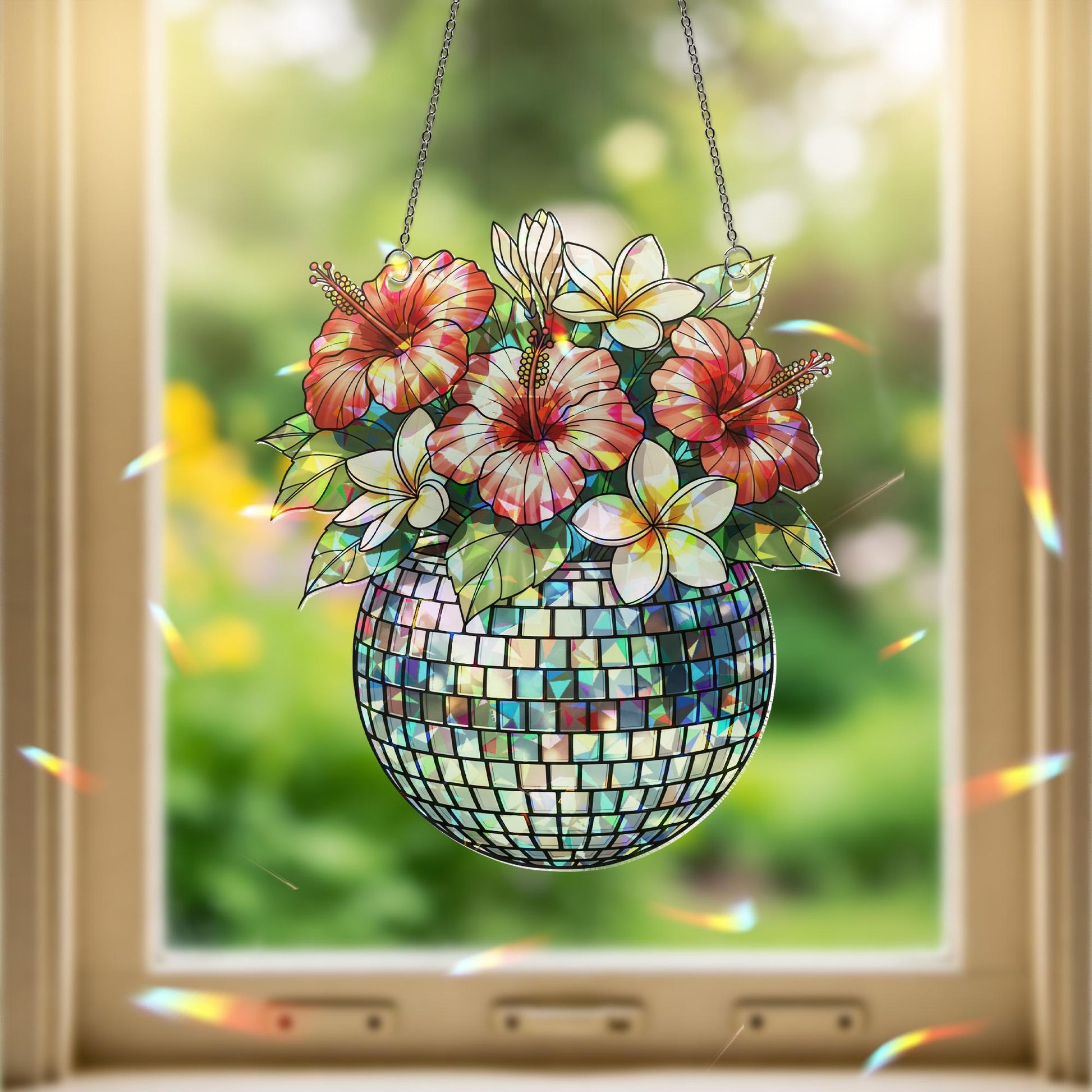 2D Holographic Disco Ball Plant Pot Sun Catcher – Retro Window Hanging with Tropical Flowers – Funky Boho Room Decor