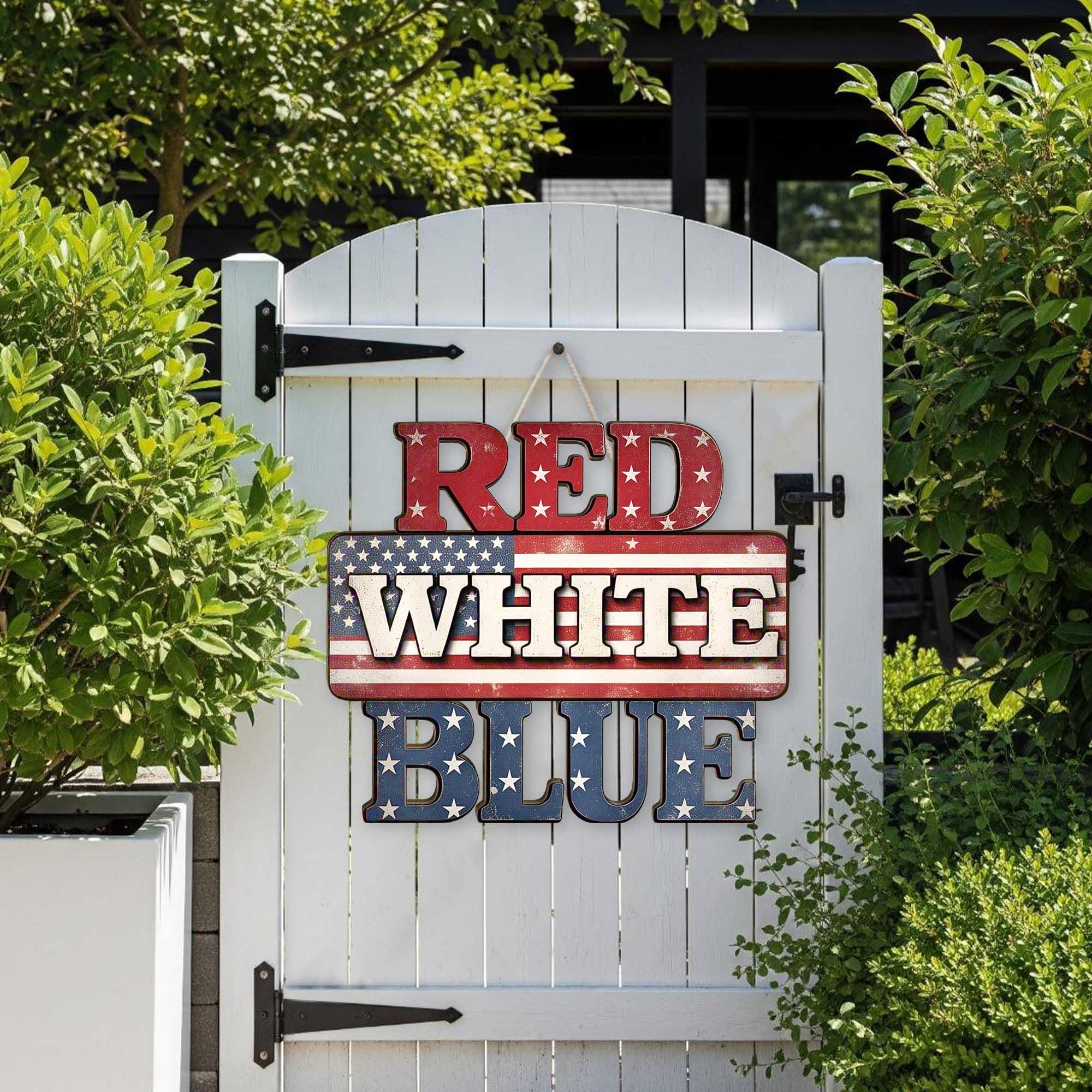 Red White Blue Door Sign, Patriotic Wooden Hanger, 4th of July Decor, USA Flag Wall Sign, Americana Porch Decor, Independence Day