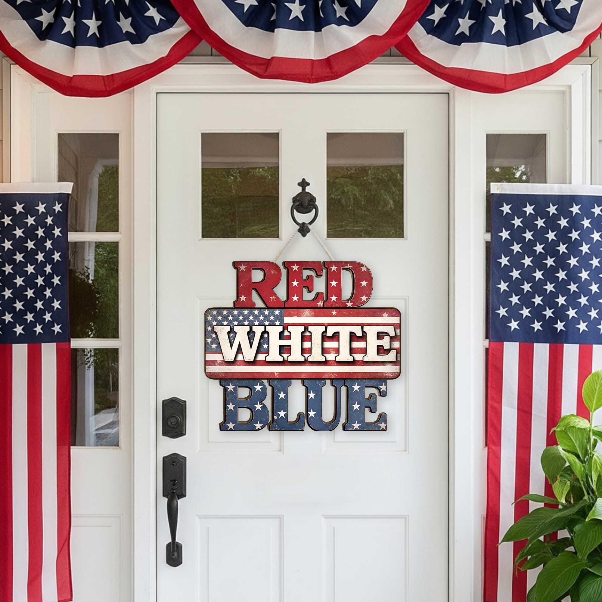 Red White Blue Door Sign, Patriotic Wooden Hanger, 4th of July Decor, USA Flag Wall Sign, Americana Porch Decor, Independence Day