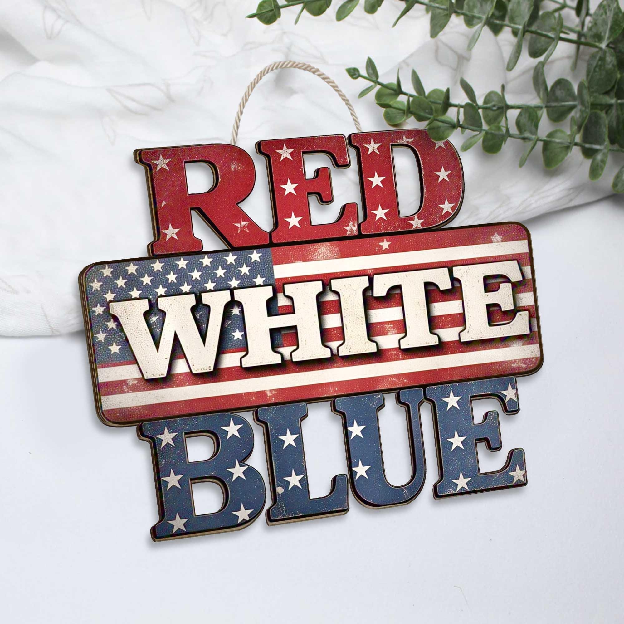 Red White Blue Door Sign, Patriotic Wooden Hanger, 4th of July Decor, USA Flag Wall Sign, Americana Porch Decor, Independence Day