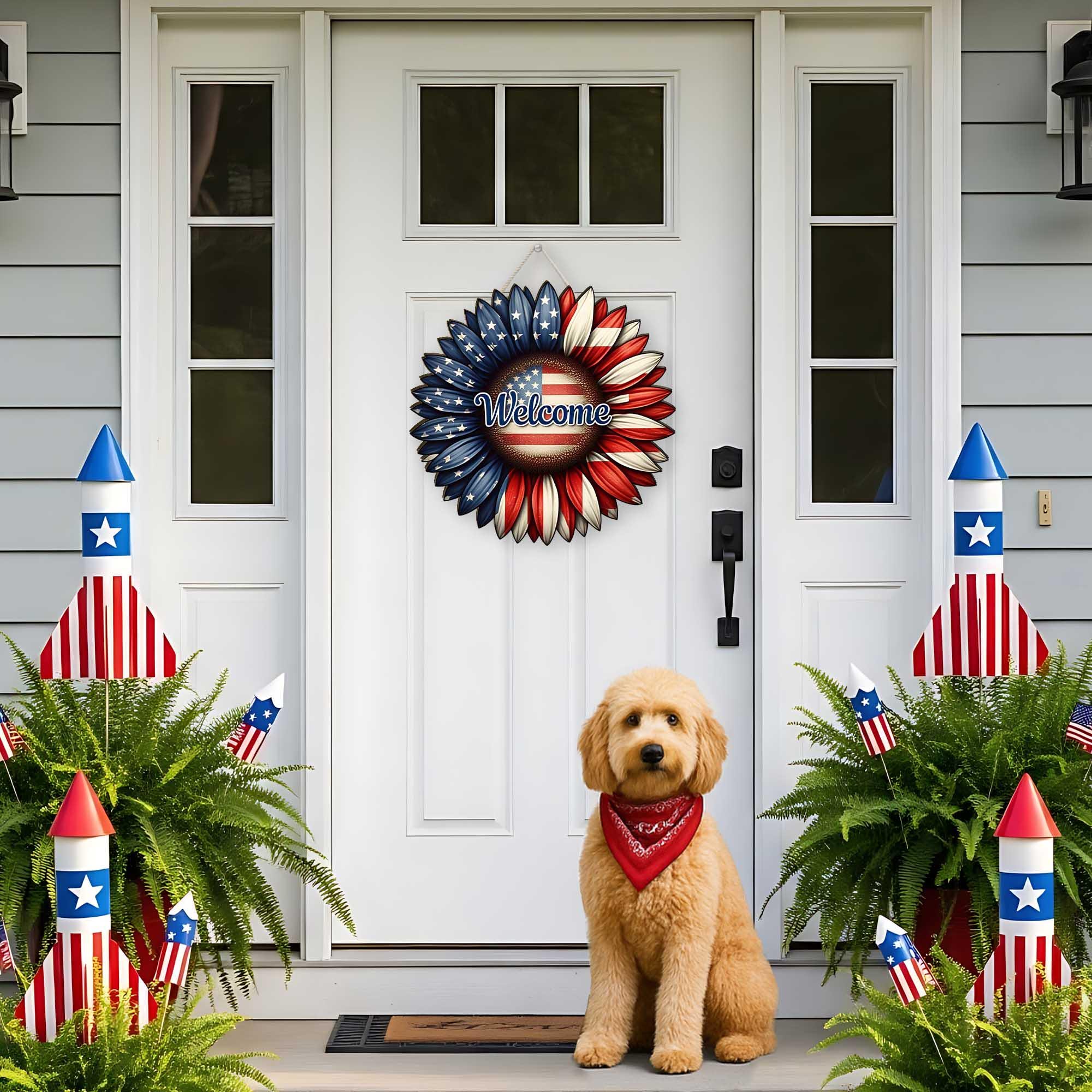 Patriotic Welcome Wreath, 4th of July Door Hanger, Americana Front Porch Sign, Red White Blue Flower Decor, Independence Day