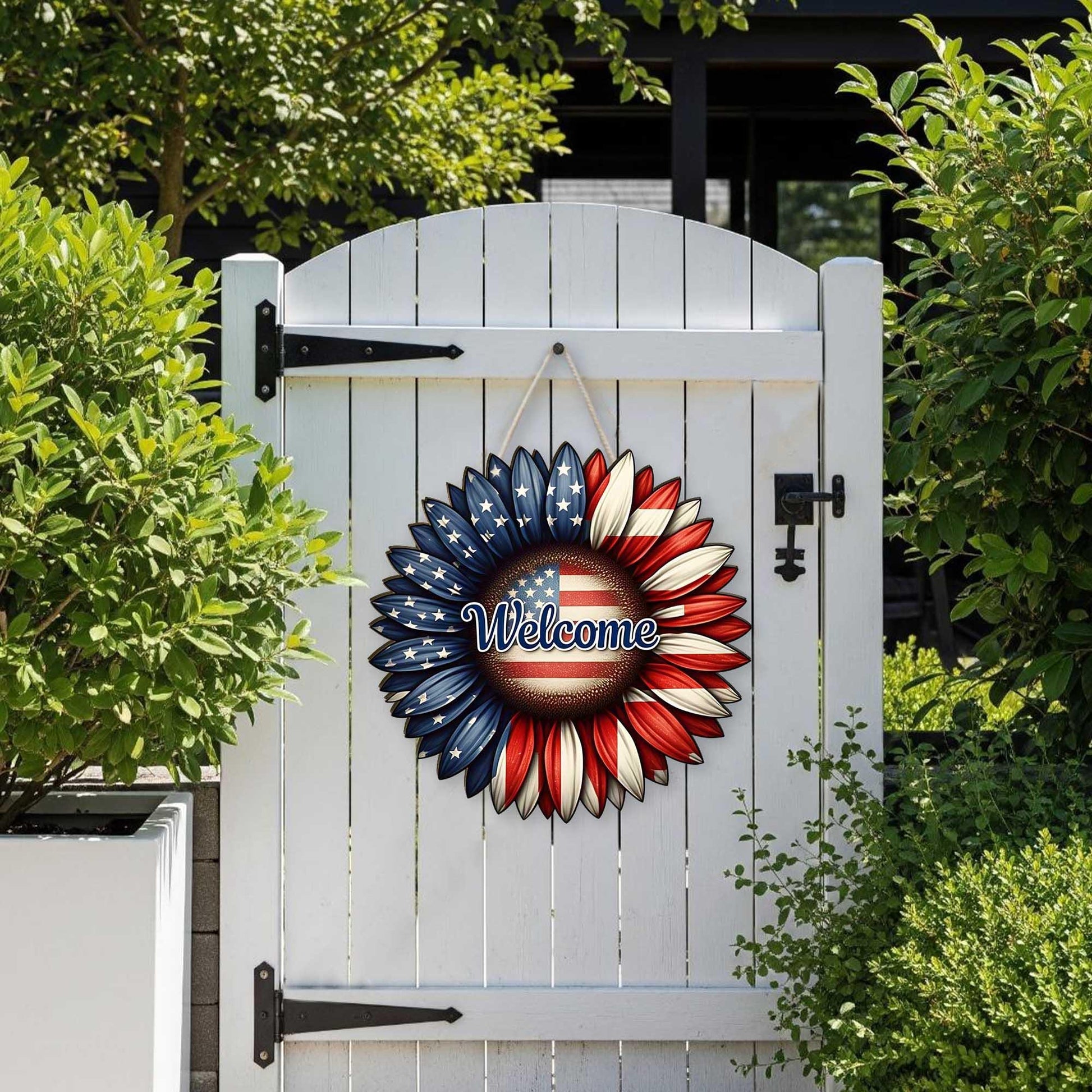Patriotic Welcome Wreath, 4th of July Door Hanger, Americana Front Porch Sign, Red White Blue Flower Decor, Independence Day