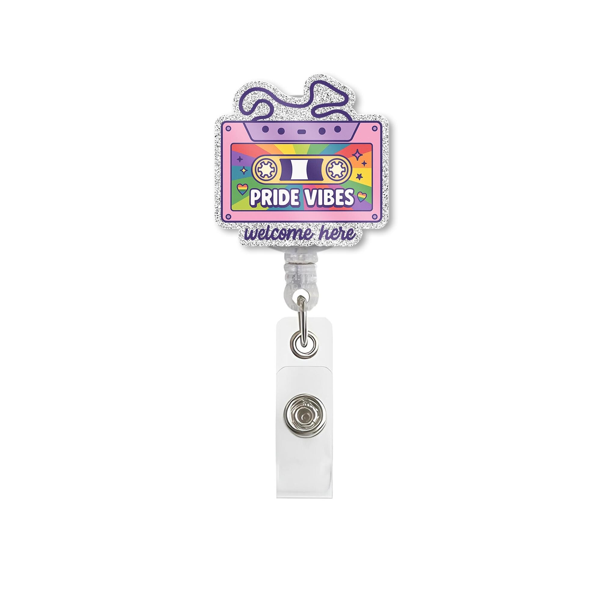 Pride Vibes Cassette Badge Reel | Retro LGBTQ+ ID Holder | Rainbow Glitter Clip | Welcome Here Nurse Badge | Pride Month Gift