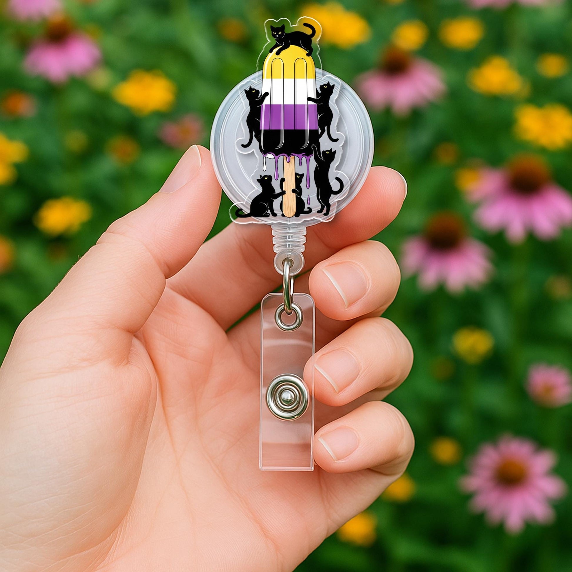 Nonbinary Pride Flag Popsicle Badge Reel with Black Cats, Cute Enby LGBTQIA+ Retractable ID Badge Holder for Nurses, Teachers