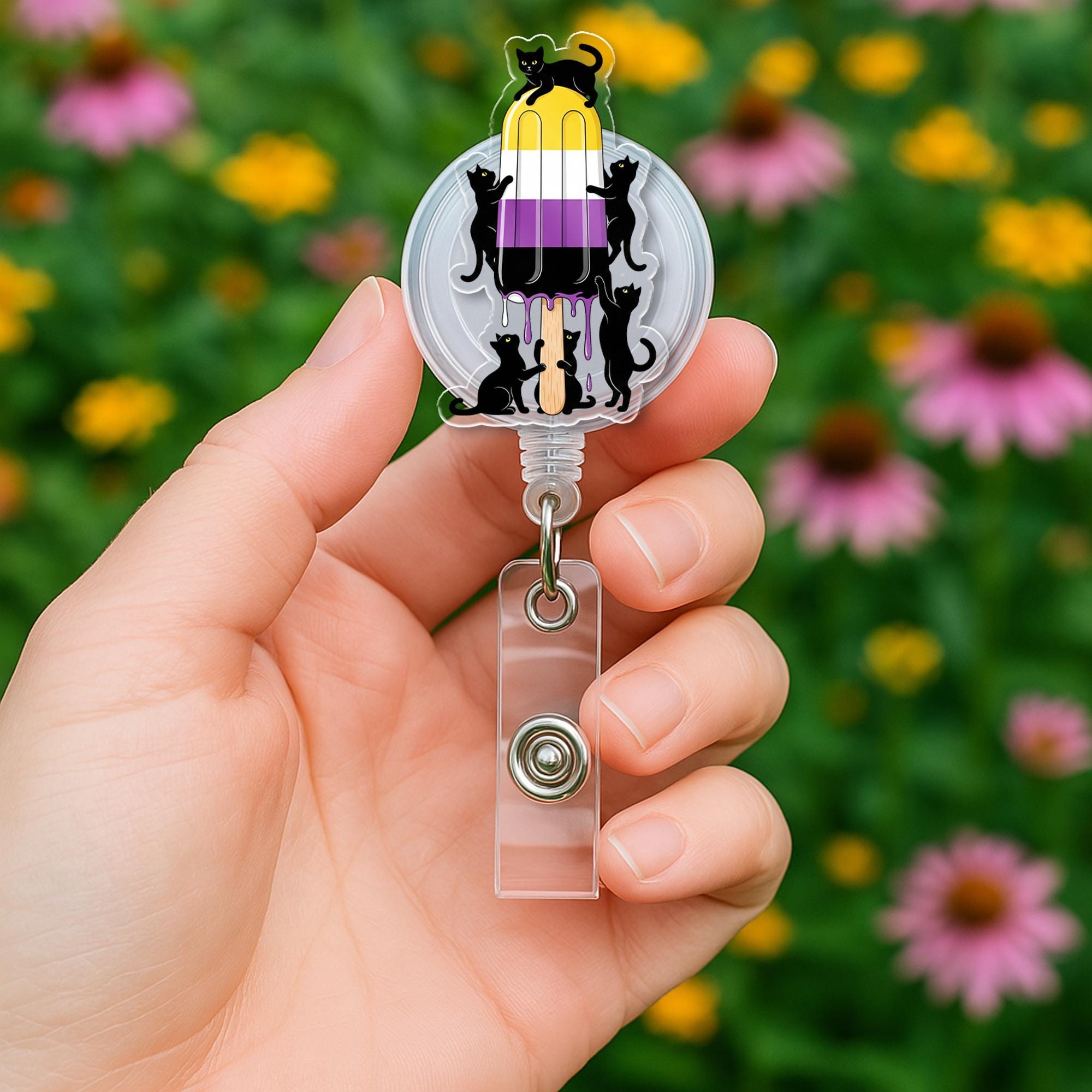 Nonbinary Pride Flag Popsicle Badge Reel with Black Cats, Cute Enby LGBTQIA+ Retractable ID Badge Holder for Nurses, Teachers