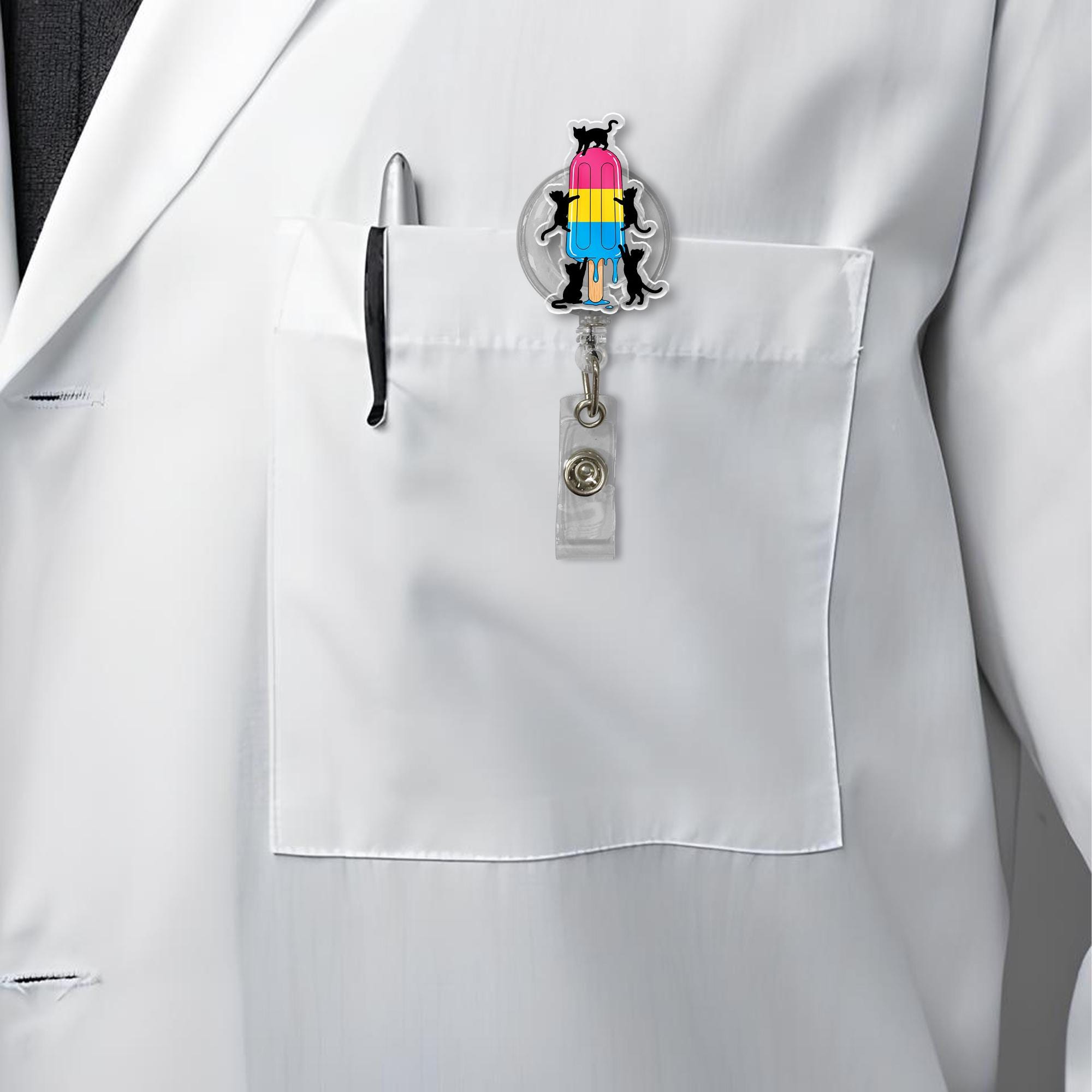 Pansexual Pride Flag Popsicle Badge Reel with Black Cats, Cute Retractable ID Holder for Nurse, Teacher, Vet Tech, LGBTQIA+ Gift