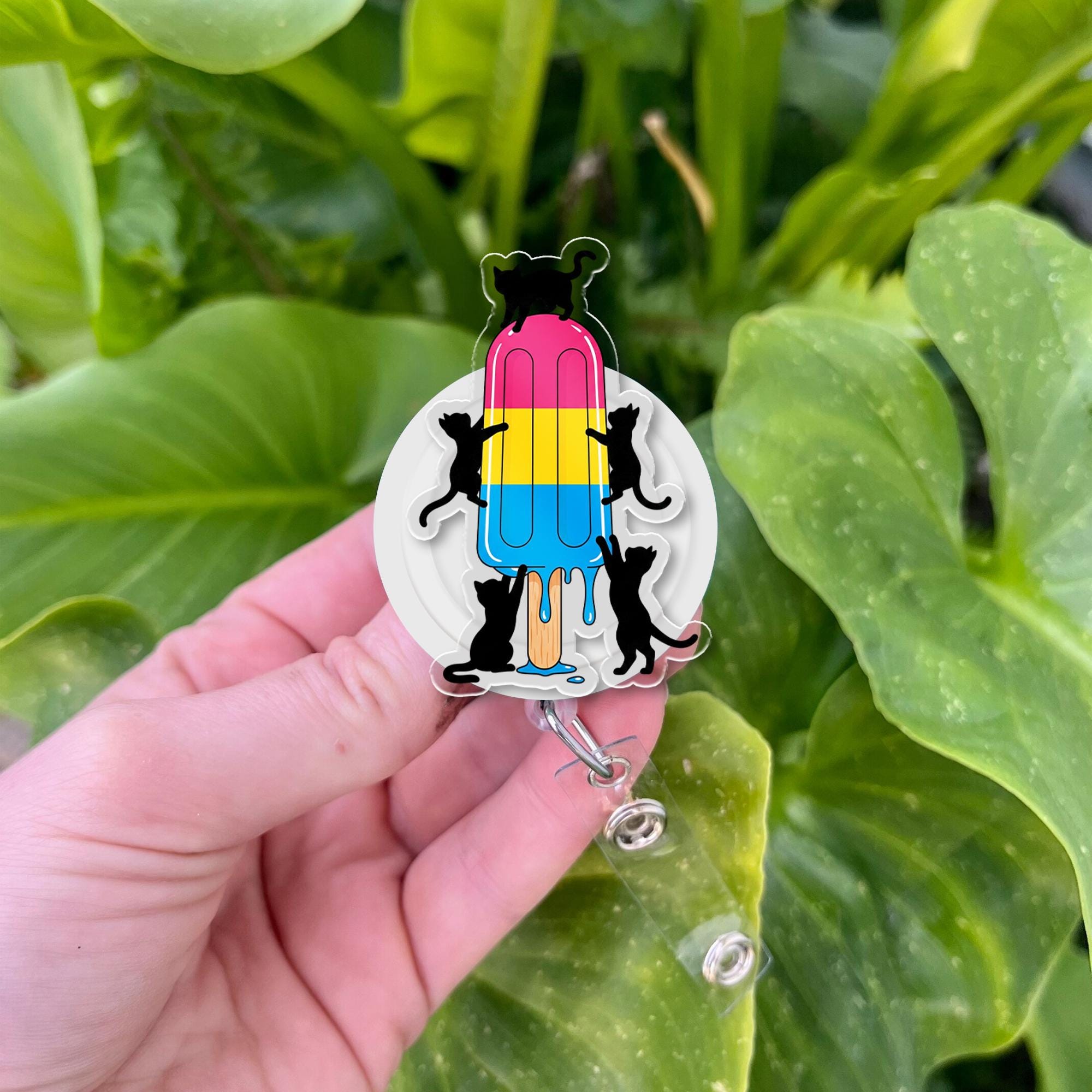 Pansexual Pride Flag Popsicle Badge Reel with Black Cats, Cute Retractable ID Holder for Nurse, Teacher, Vet Tech, LGBTQIA+ Gift