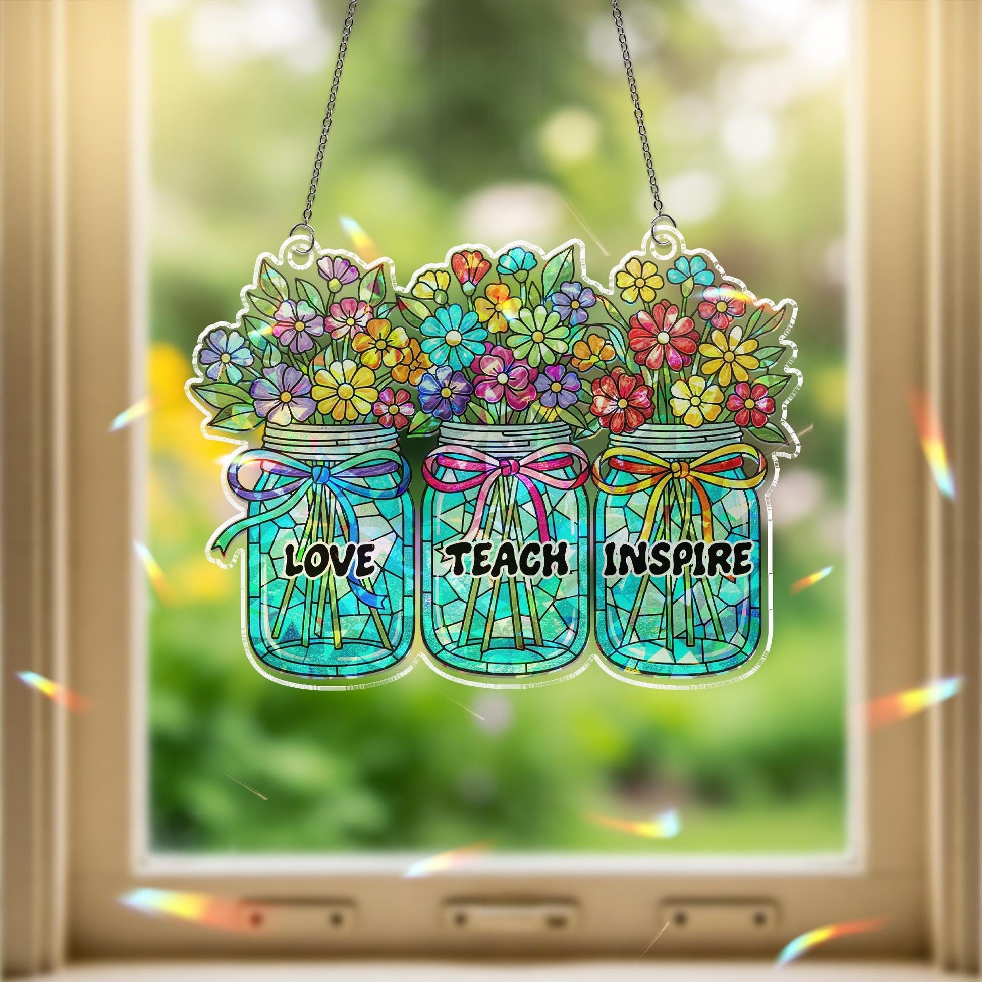 Love Teach Inspire Hologram ACRYLIC Window Hanging – Floral Jar Suncatcher – Teacher Appreciation Gift for Classroom or Window Decor