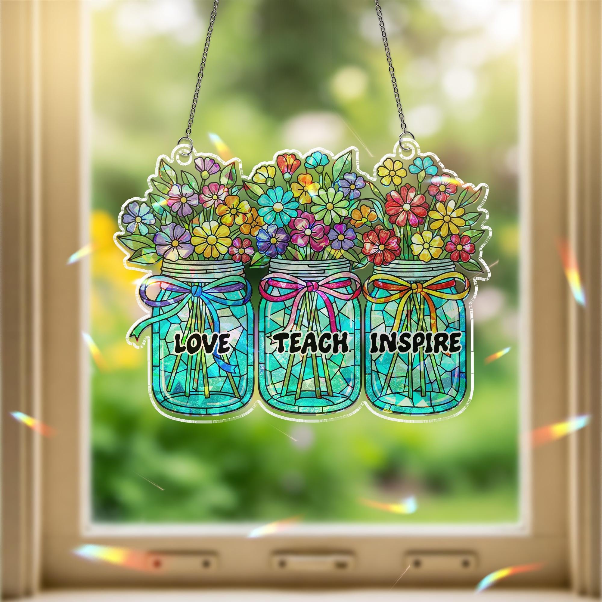 Love Teach Inspire Hologram ACRYLIC Window Hanging – Floral Jar Suncatcher – Teacher Appreciation Gift for Classroom or Window Decor