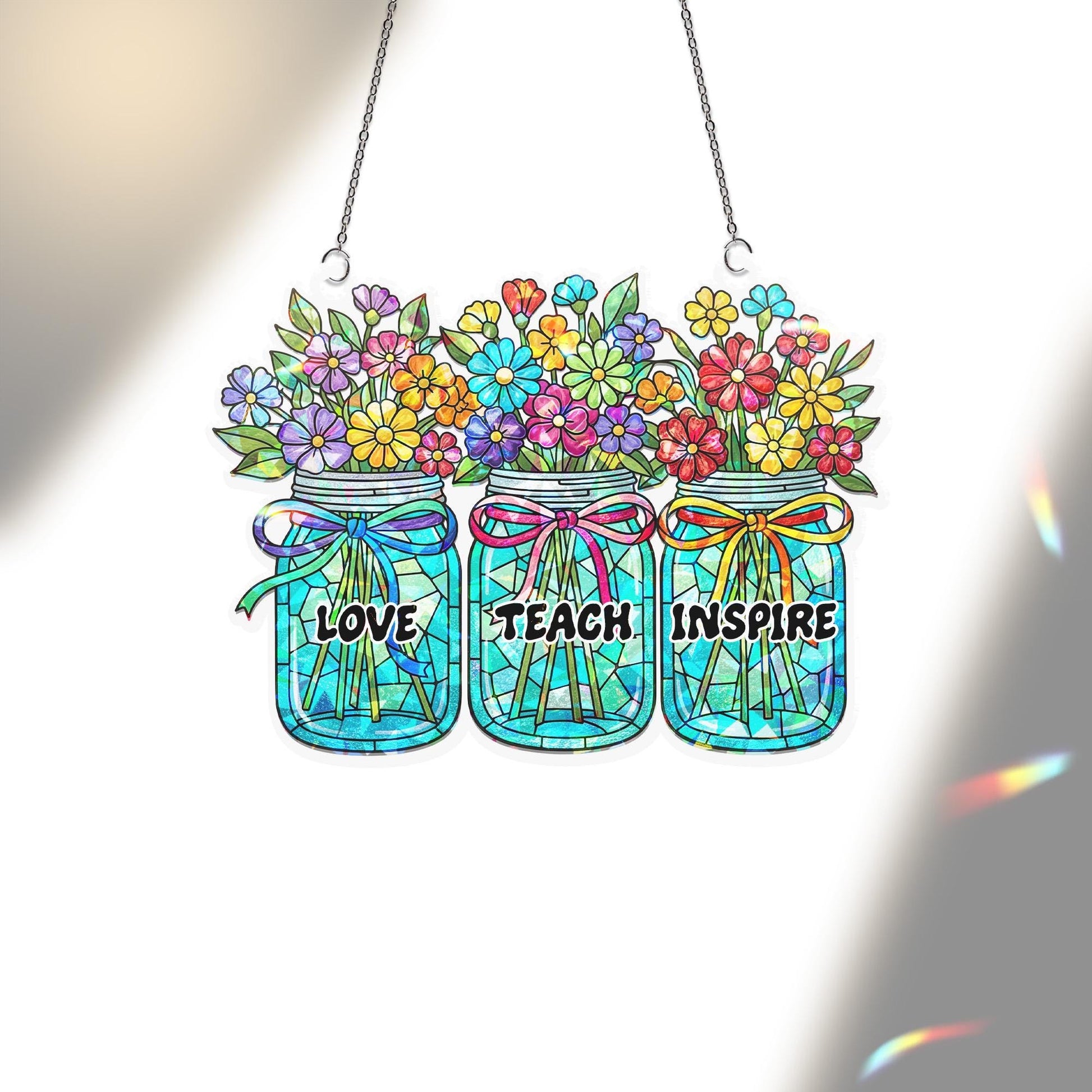 Love Teach Inspire Hologram ACRYLIC Window Hanging – Floral Jar Suncatcher – Teacher Appreciation Gift for Classroom or Window Decor