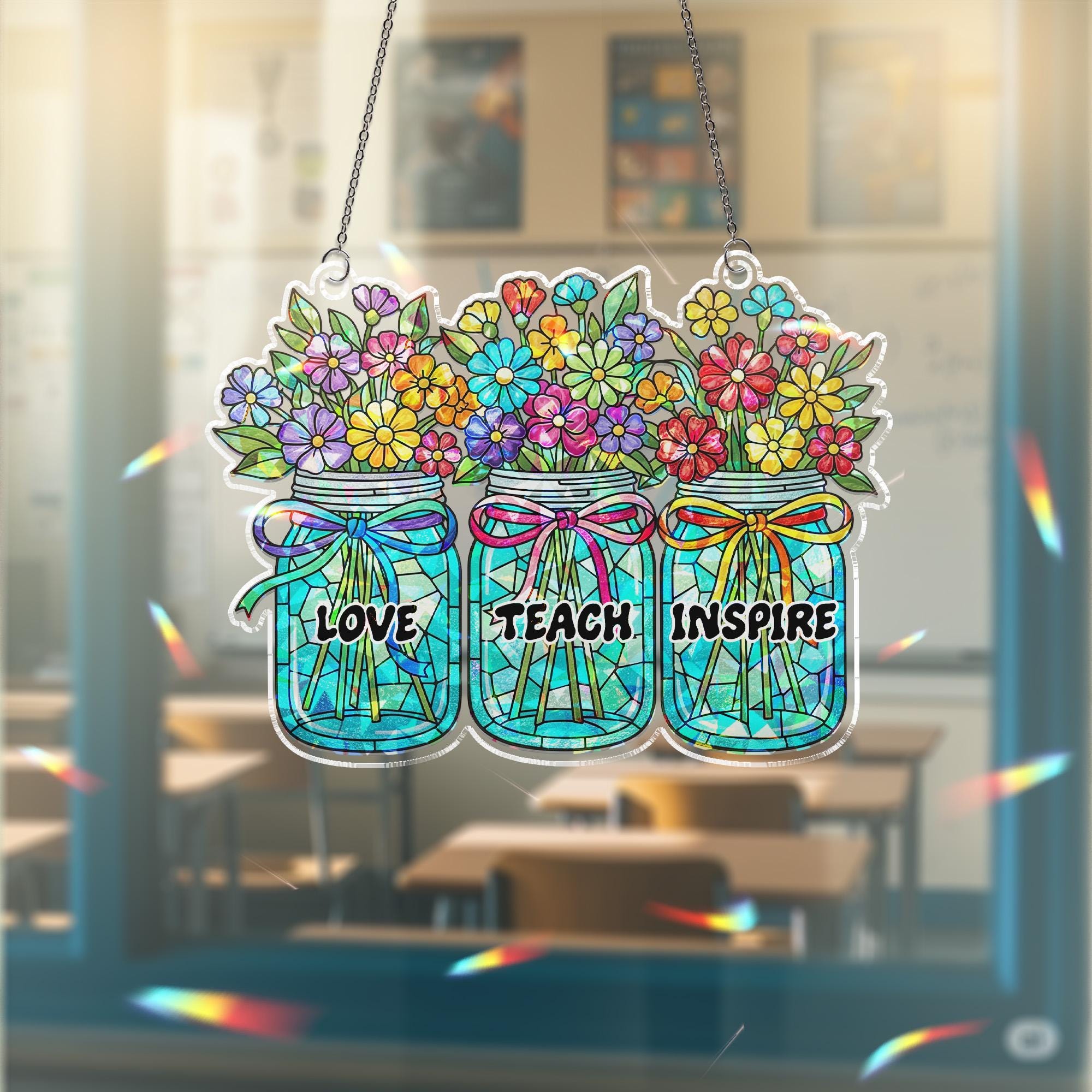 Love Teach Inspire Hologram ACRYLIC Window Hanging – Floral Jar Suncatcher – Teacher Appreciation Gift for Classroom or Window Decor
