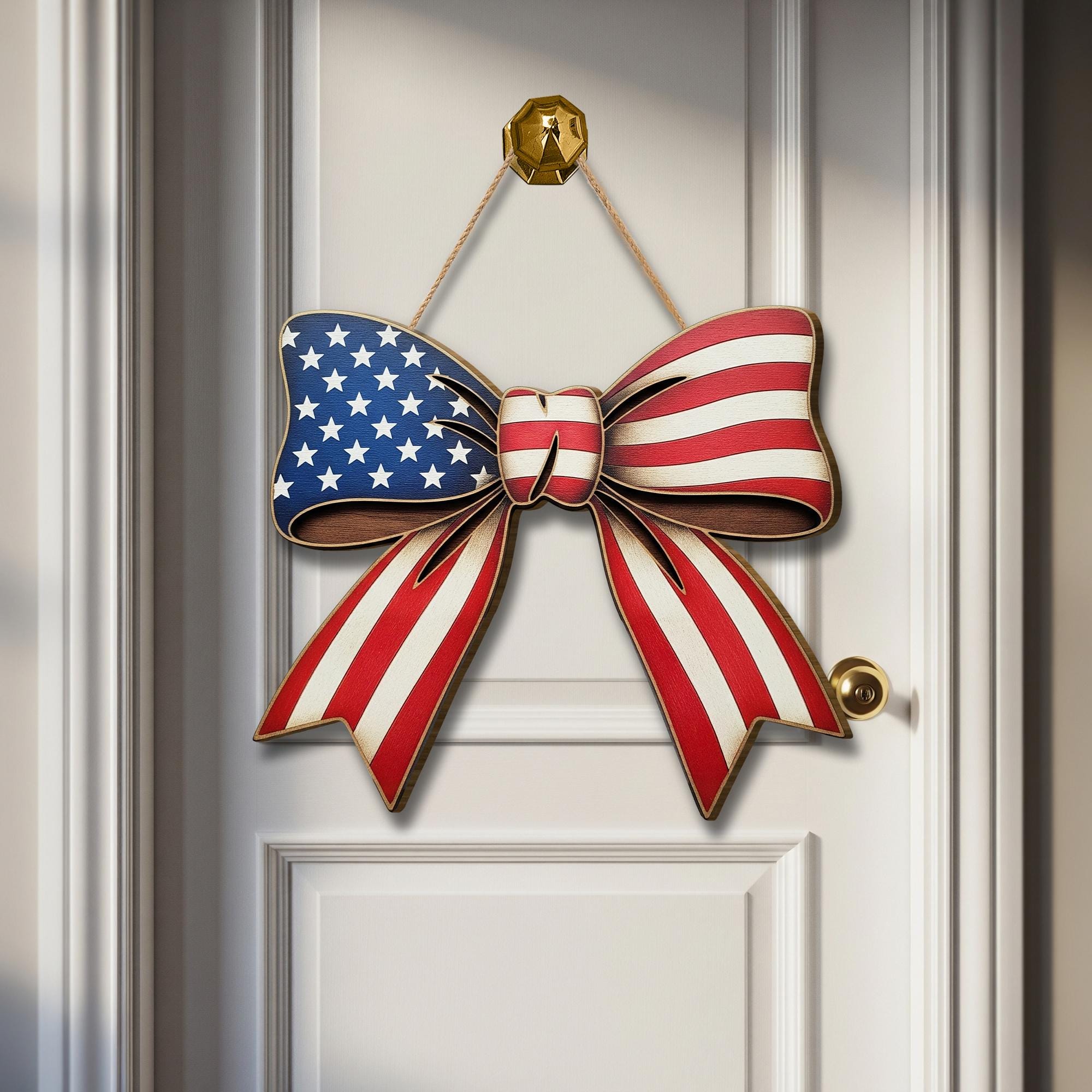 American Flag Bow Sign, Patriotic Wooden Door Hanger, 4th of July Decor, Red White Blue Wall Sign, Rustic USA Home Decoration