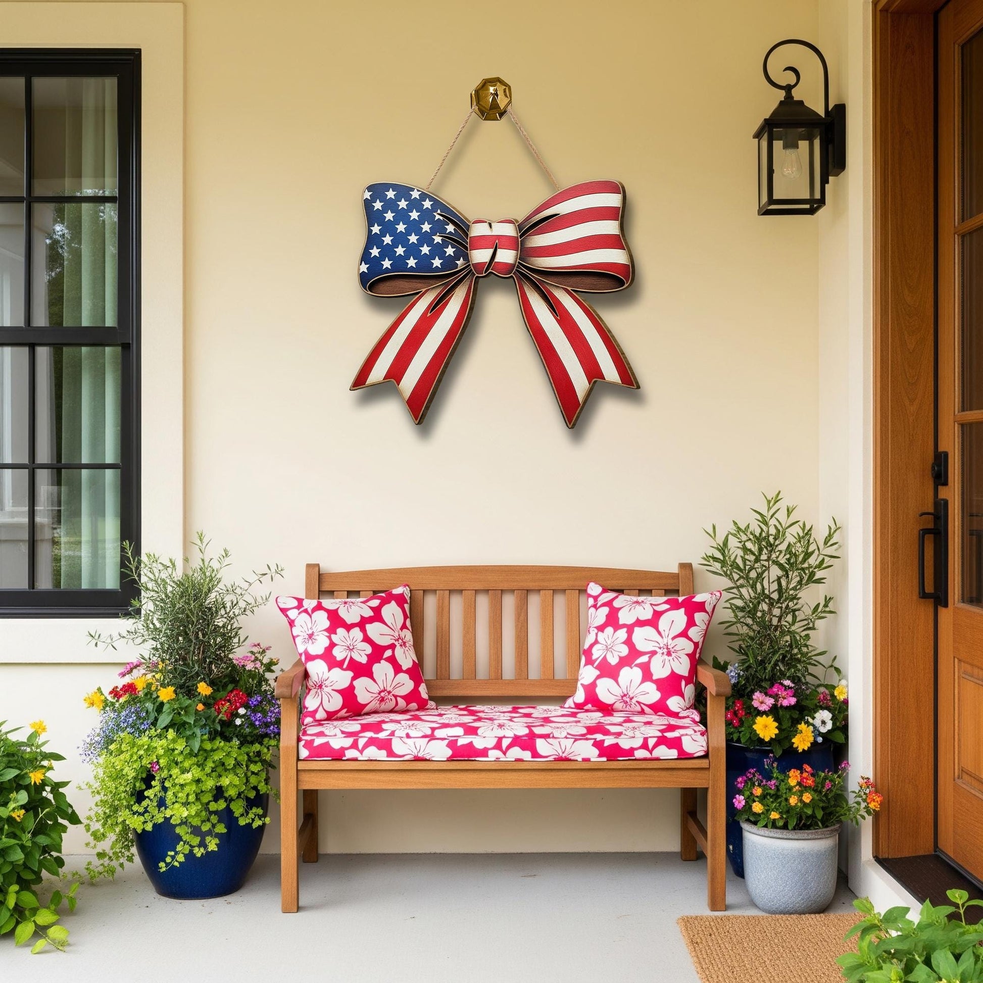 American Flag Bow Sign, Patriotic Wooden Door Hanger, 4th of July Decor, Red White Blue Wall Sign, Rustic USA Home Decoration