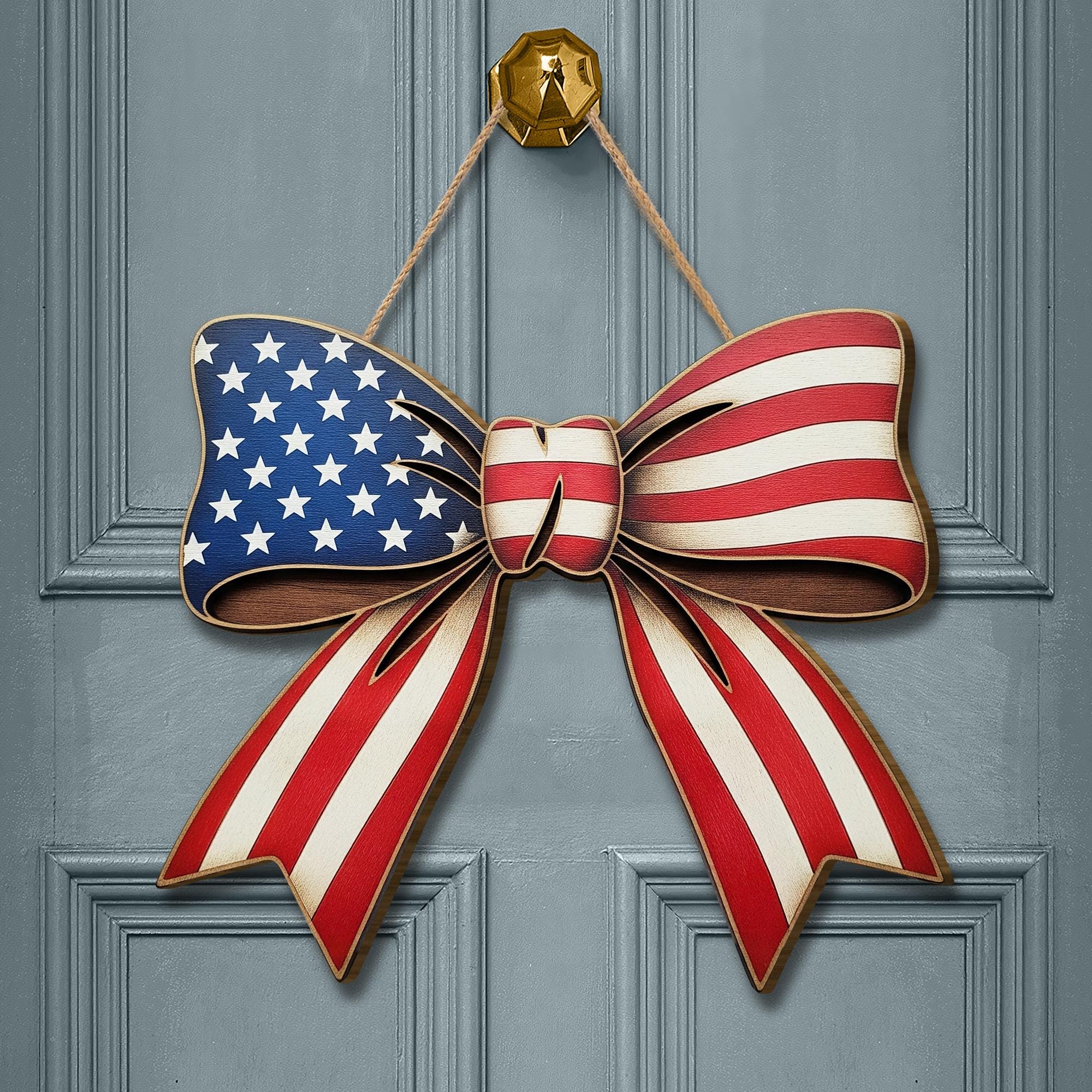 American Flag Bow Sign, Patriotic Wooden Door Hanger, 4th of July Decor, Red White Blue Wall Sign, Rustic USA Home Decoration