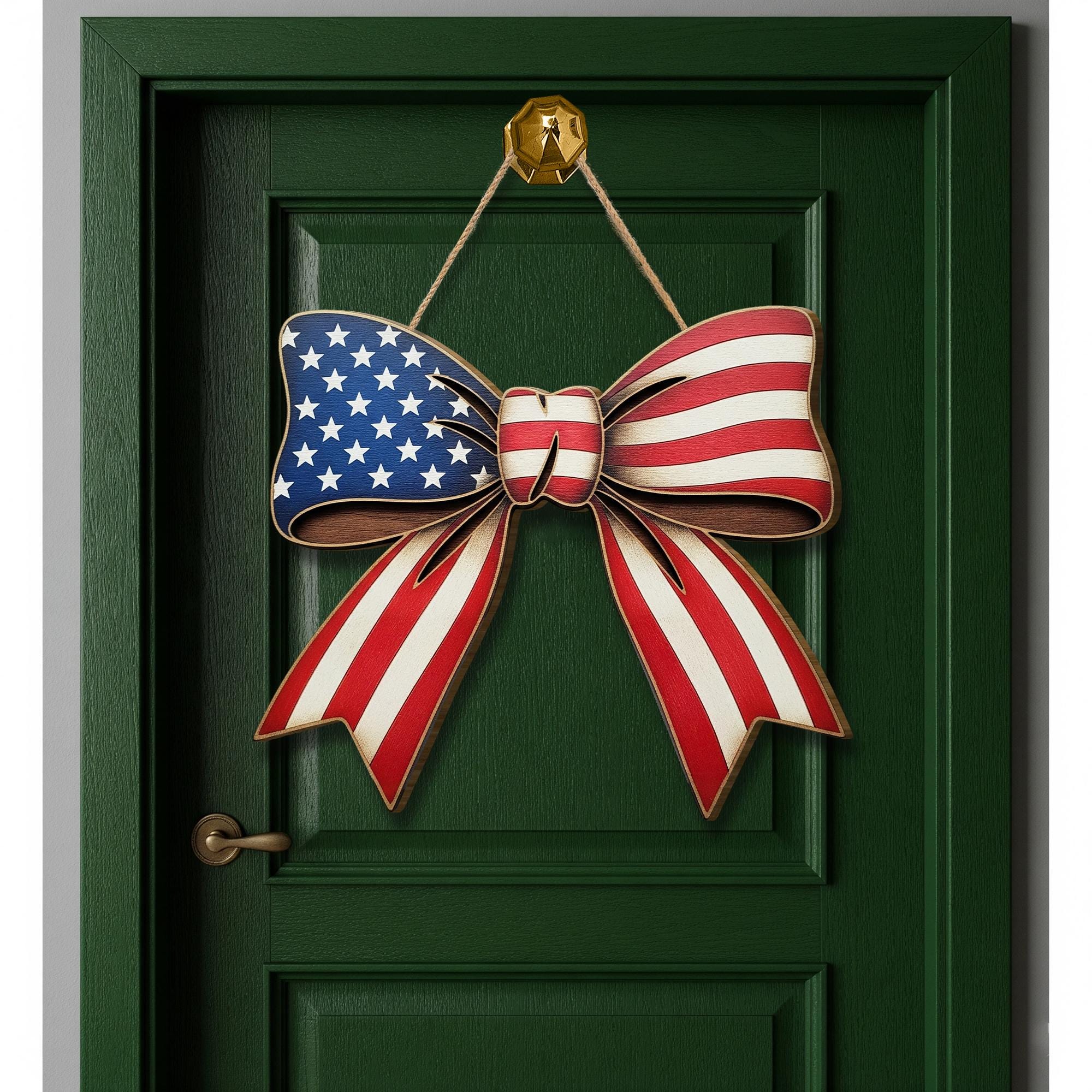 American Flag Bow Sign, Patriotic Wooden Door Hanger, 4th of July Decor, Red White Blue Wall Sign, Rustic USA Home Decoration