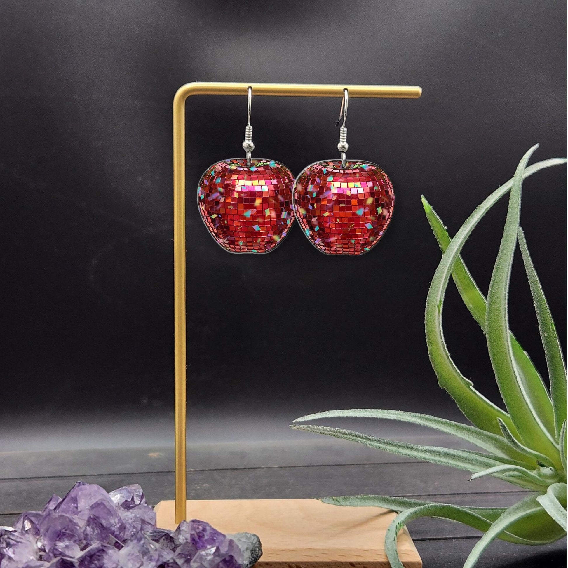 2D Disco Apple Earrings – Teacher Gift with Summer Vibes, Fun Retro Statement Jewelry, Red Mosaic Dangle Fruit Earrings