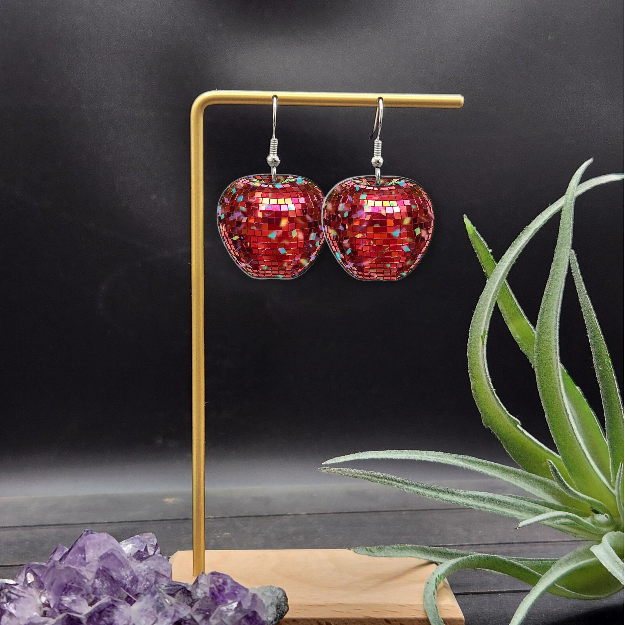 2D Disco Apple Earrings – Teacher Gift with Summer Vibes, Fun Retro Statement Jewelry, Red Mosaic Dangle Fruit Earrings