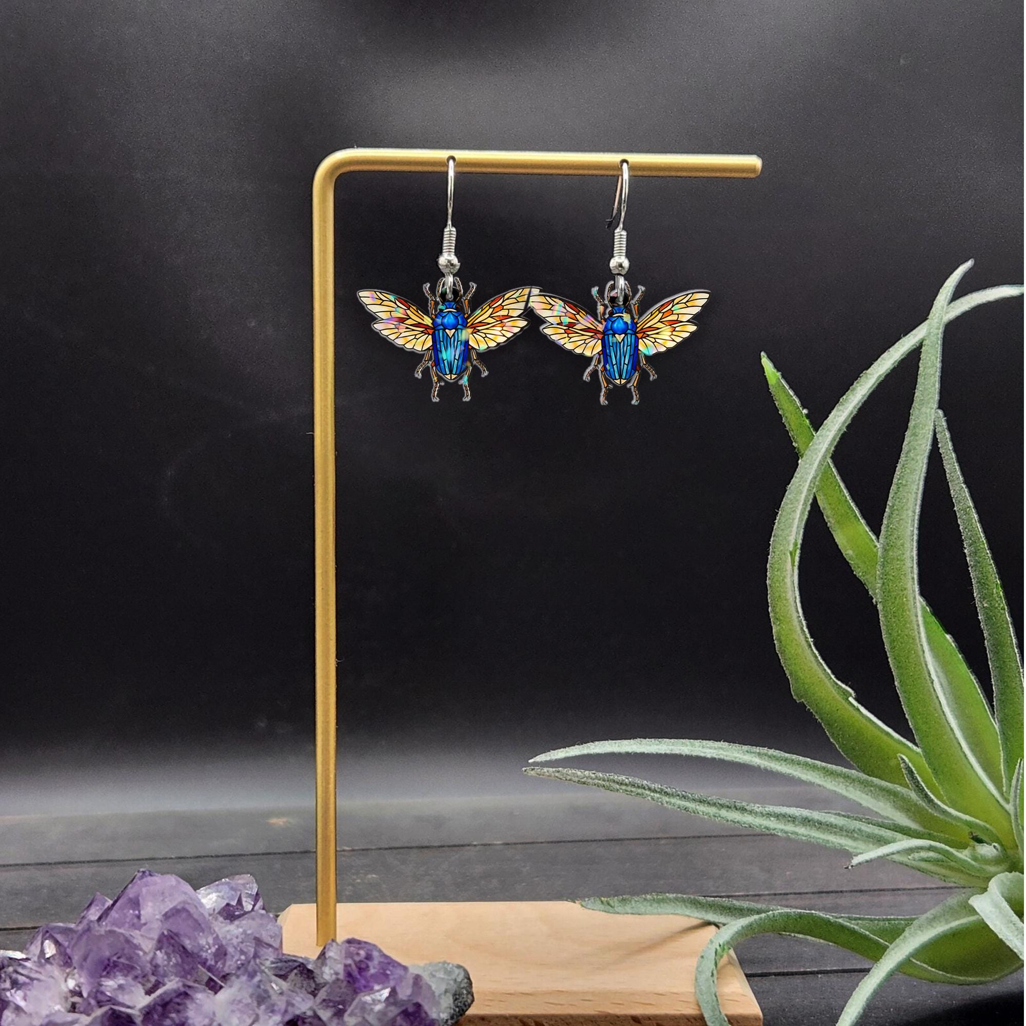 Flying Beetle Earrings – Colorful Insect Jewelry with Vibrant Wings, Nature-Inspired Statement Bug Earrings, Entomology Gift Idea