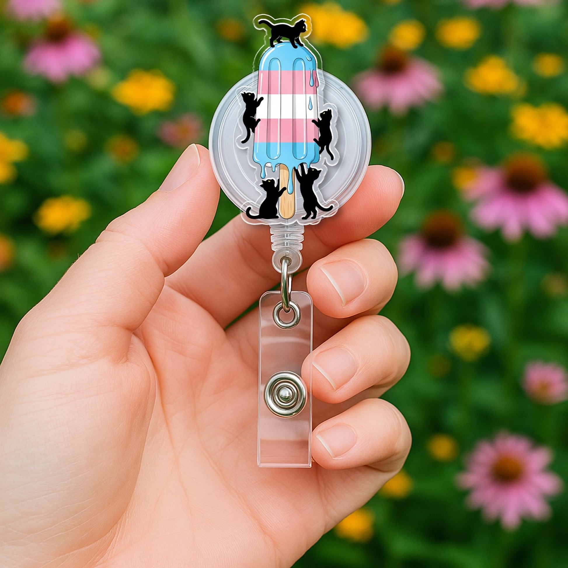 LGBTQ Cute Black Cat & Pride Popsicle Badge Reel - Trans, Pan, Nonbinary Flag Options - Retractable ID Holder for Nurse, Teacher, Office