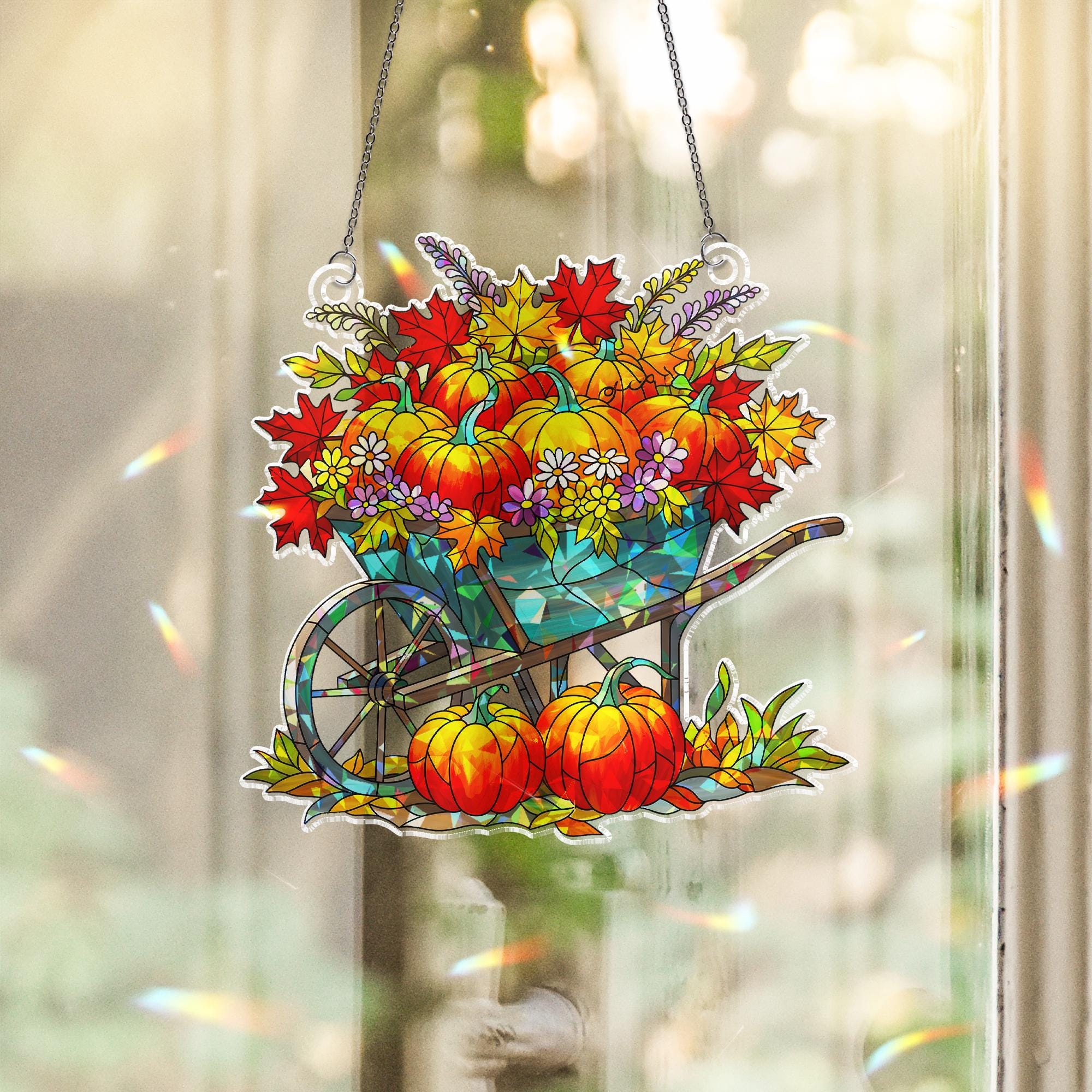 Fall Pumpkin Holographic Window Hanging Ornament, Autumn Wheelbarrow, Thanksgiving Gift, Fall Decor, Fall Lover