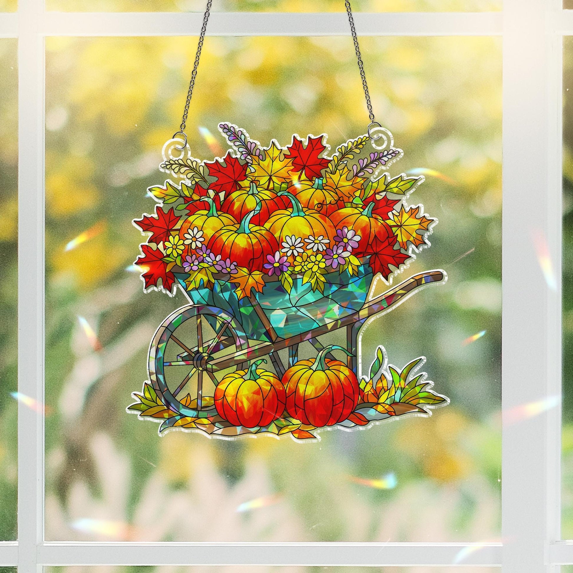 Fall Pumpkin Holographic Window Hanging Ornament, Autumn Wheelbarrow, Thanksgiving Gift, Fall Decor, Fall Lover