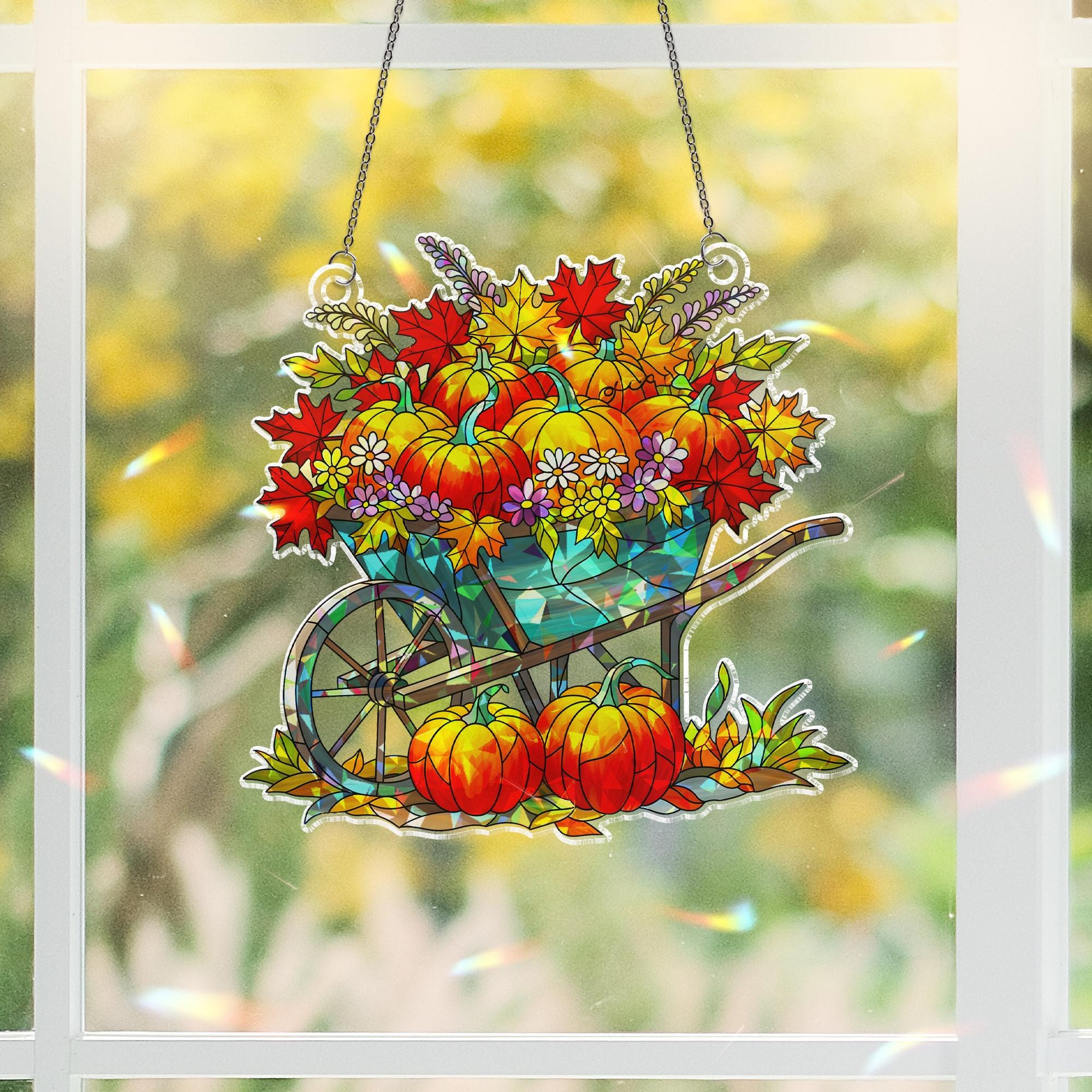 Fall Pumpkin Holographic Window Hanging Ornament, Autumn Wheelbarrow, Thanksgiving Gift, Fall Decor, Fall Lover