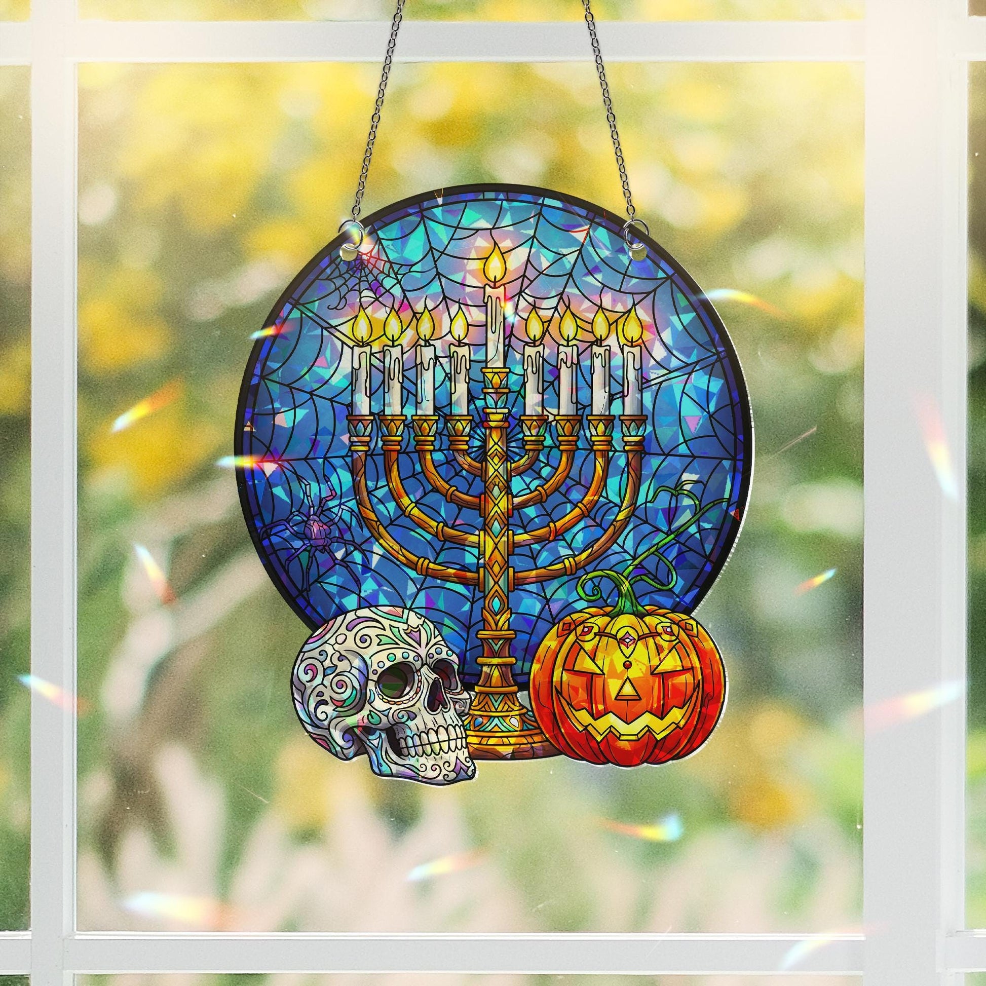 Hanukkah Halloween Mashup Acrylic Ornament, Menorah & Sugar Skull Window Hanging, Holographic Gothic Spooky Holiday Wall Decor