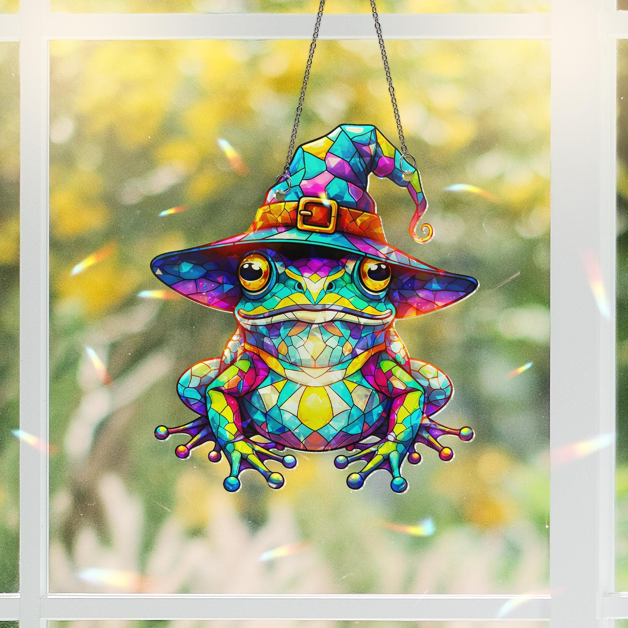 Witch Frog Holographic Acrylic Window Hanging, Magical Rainbow Maker, Whimsical Animal Ornament Decor, Halloween Decor, Gothic Decor