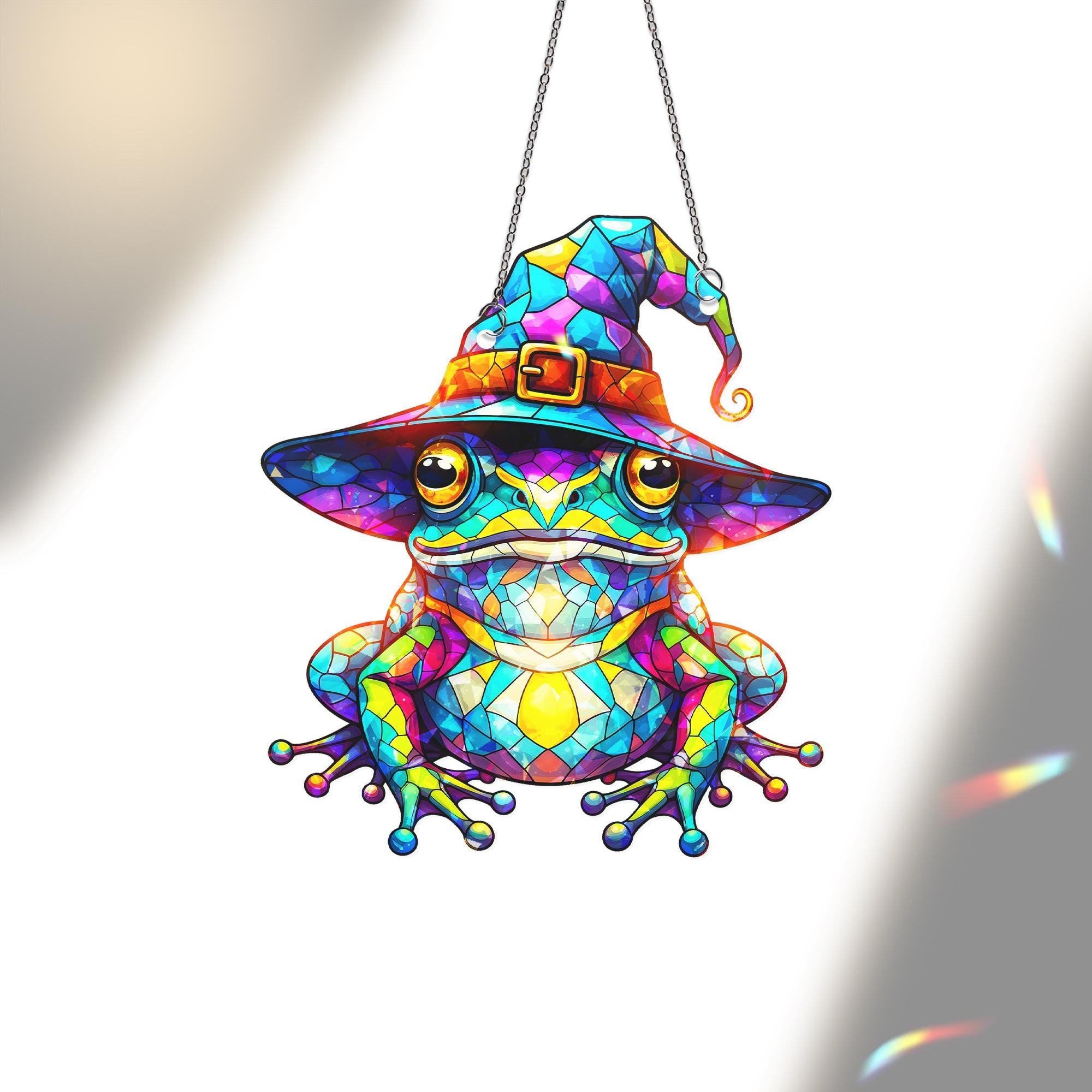 Witch Frog Holographic Acrylic Window Hanging, Magical Rainbow Maker, Whimsical Animal Ornament Decor, Halloween Decor, Gothic Decor