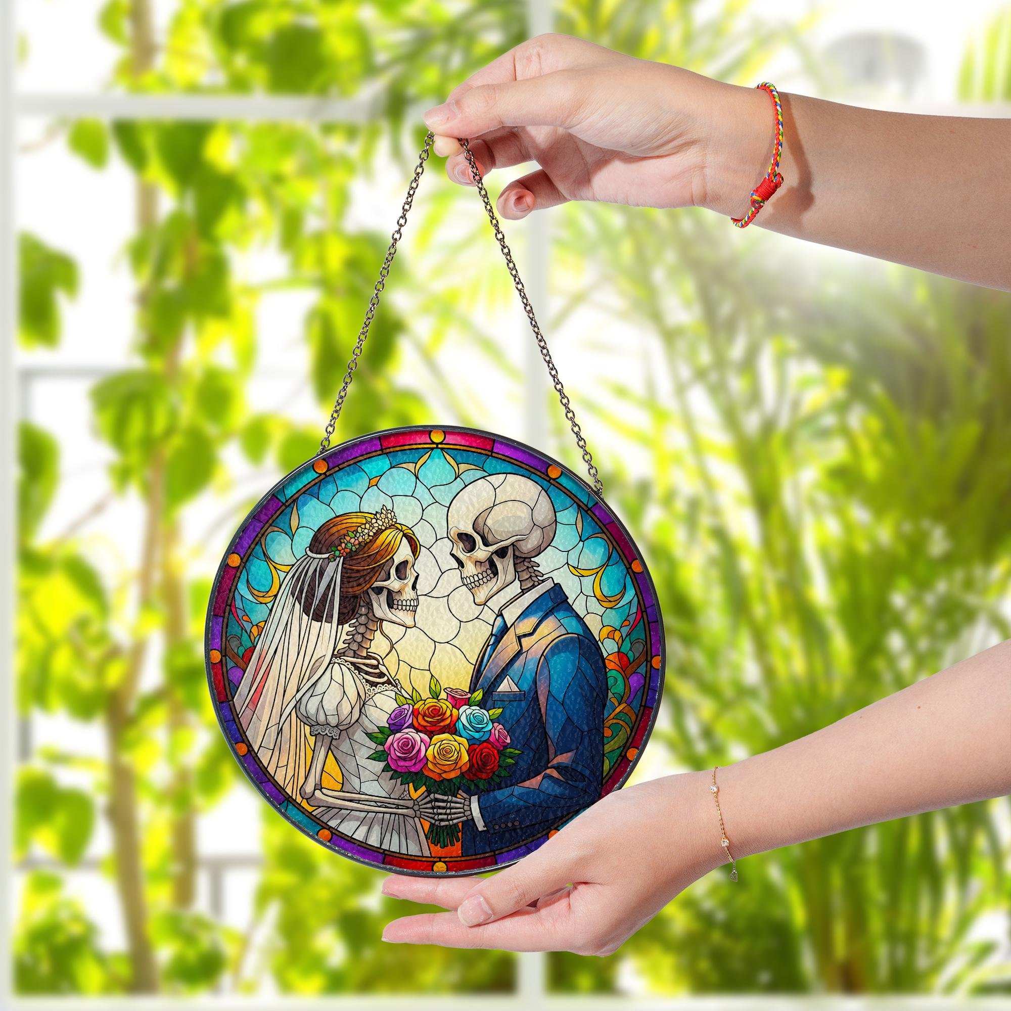 Gothic Skeleton Couple Glass Suncatcher, Macabre Wedding Decor, 'Til Death Anniversary Gift, Day of The Dead Window Hanging,Halloween Couple
